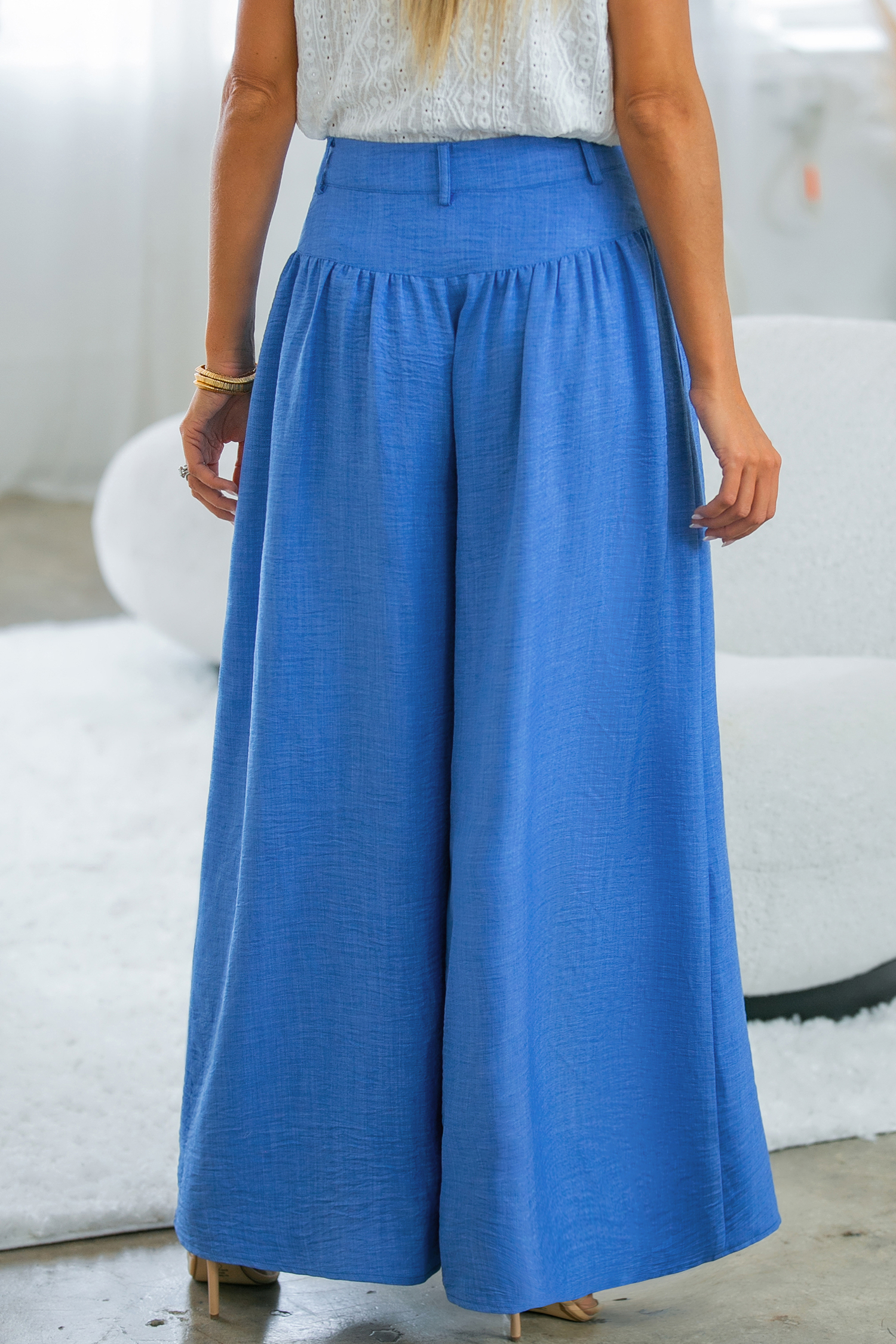 Blue Tie Waist Wide Leg Pants