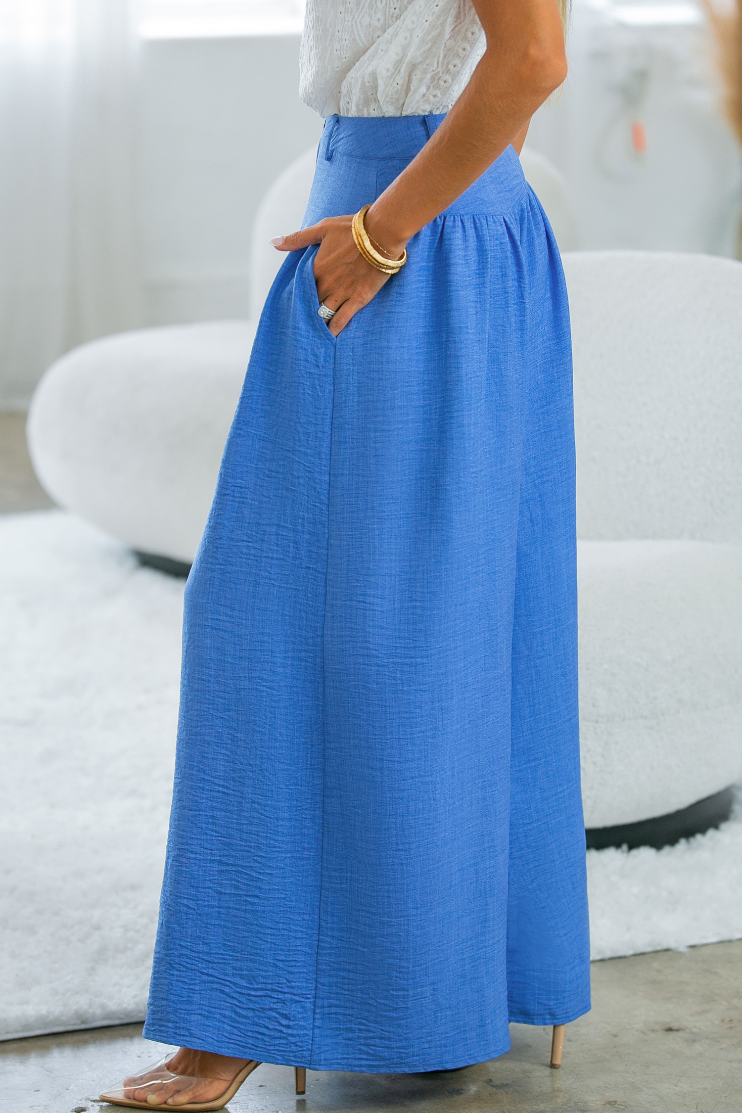 Blue Tie Waist Wide Leg Pants