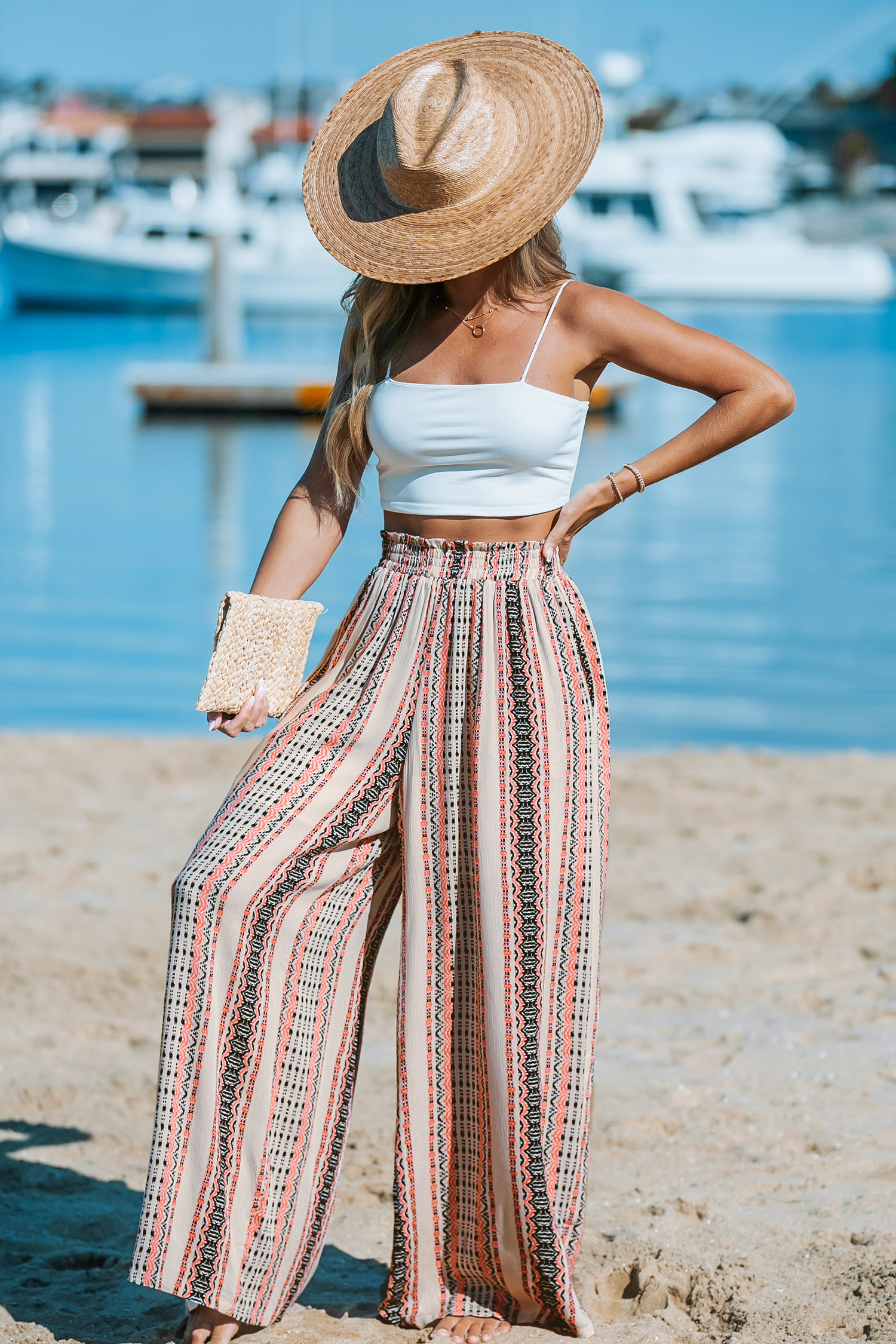Boho Striped Smocked Waist Wide Leg Pants