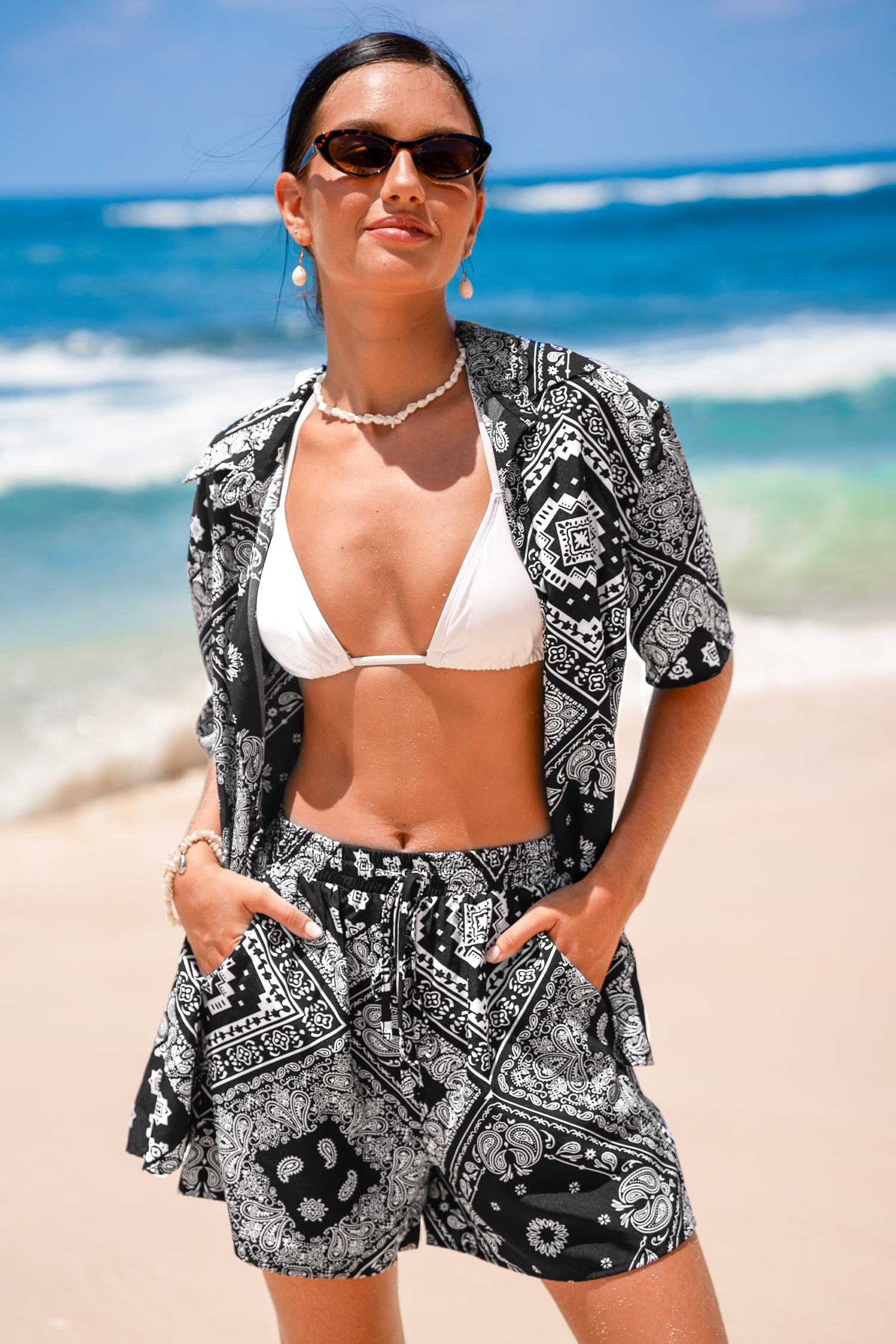 Black-and-White Paisley Shirt & Shorts Set