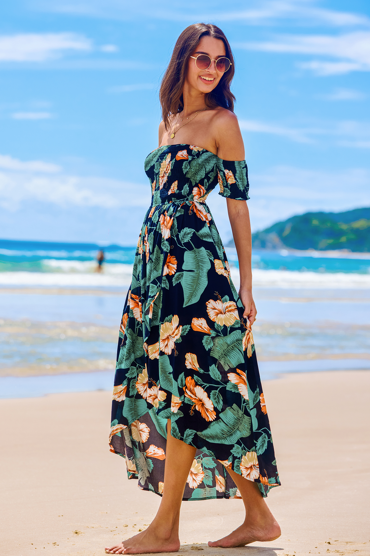 Tropical Off-Shoulder Smocked Bodice Asymmetrical Maxi Dress