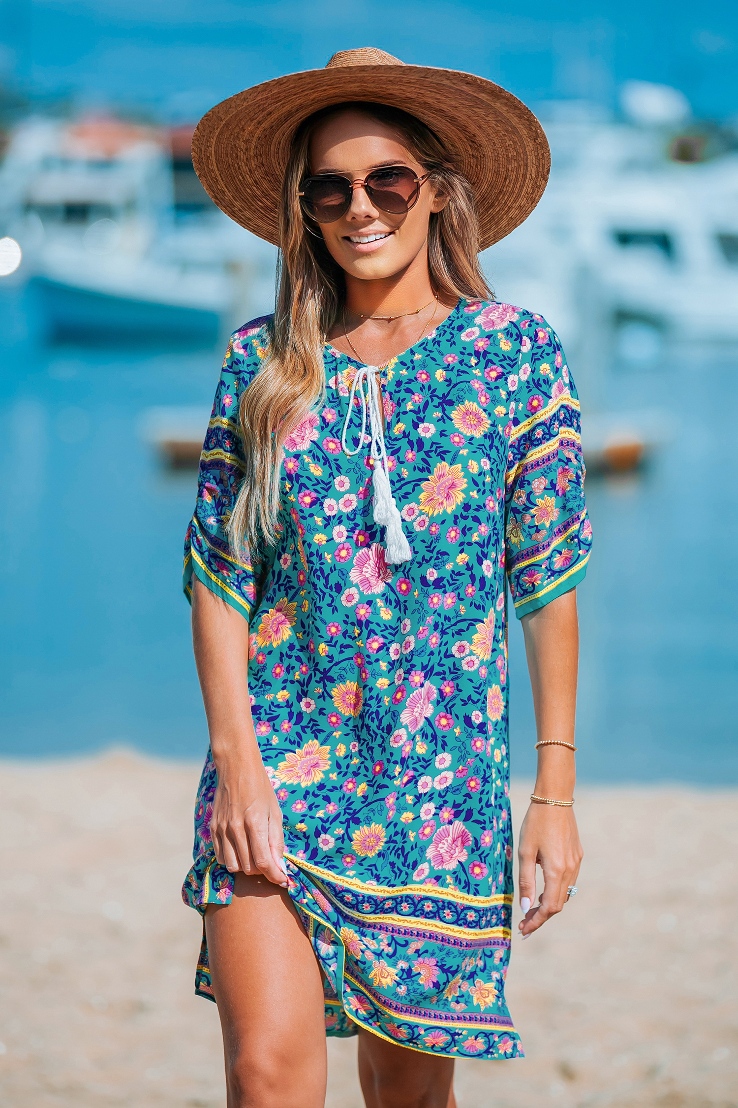 Floral Boho Split Neck Tassel Tie Mini Dress