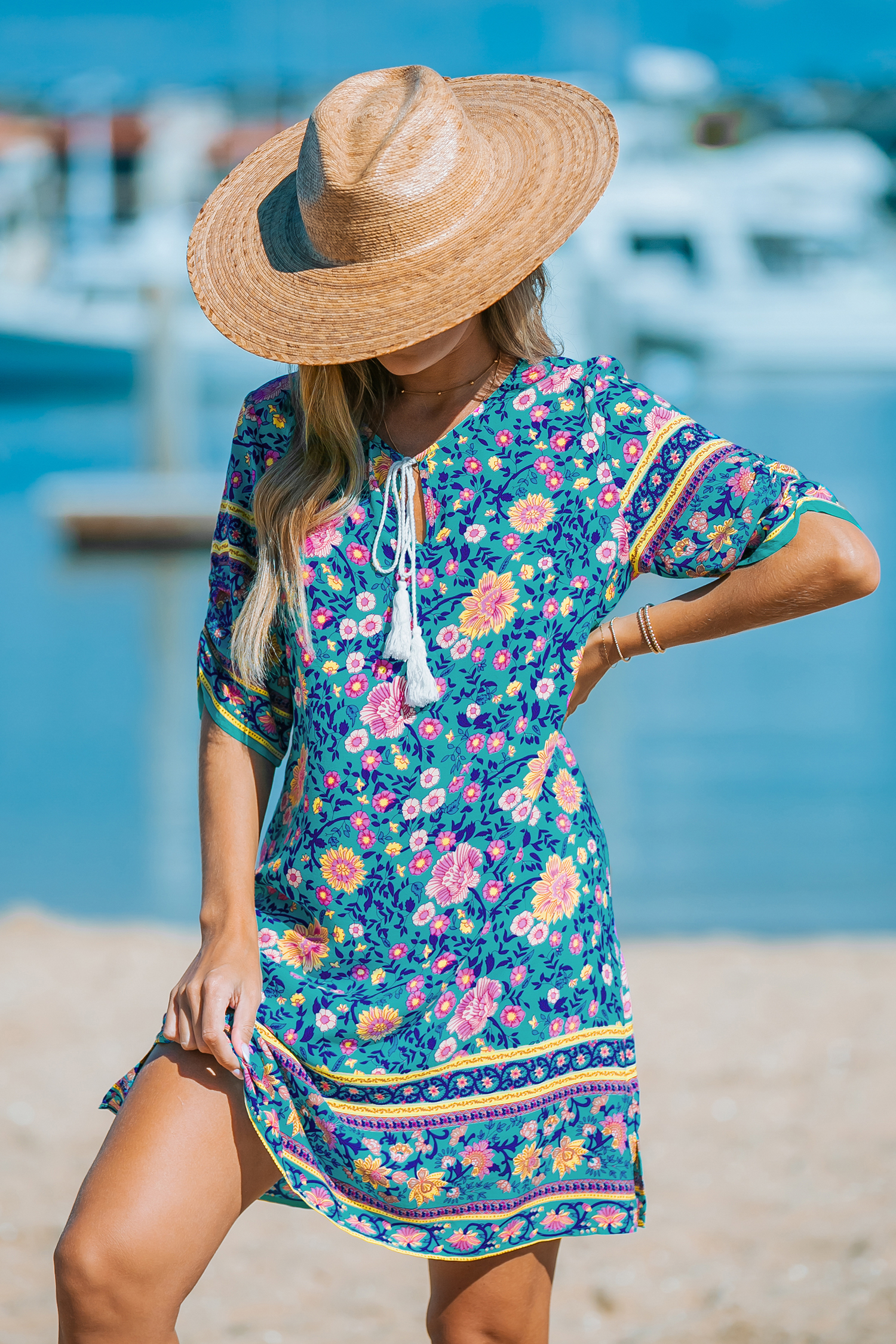 Floral Boho Split Neck Tassel Tie Mini Dress