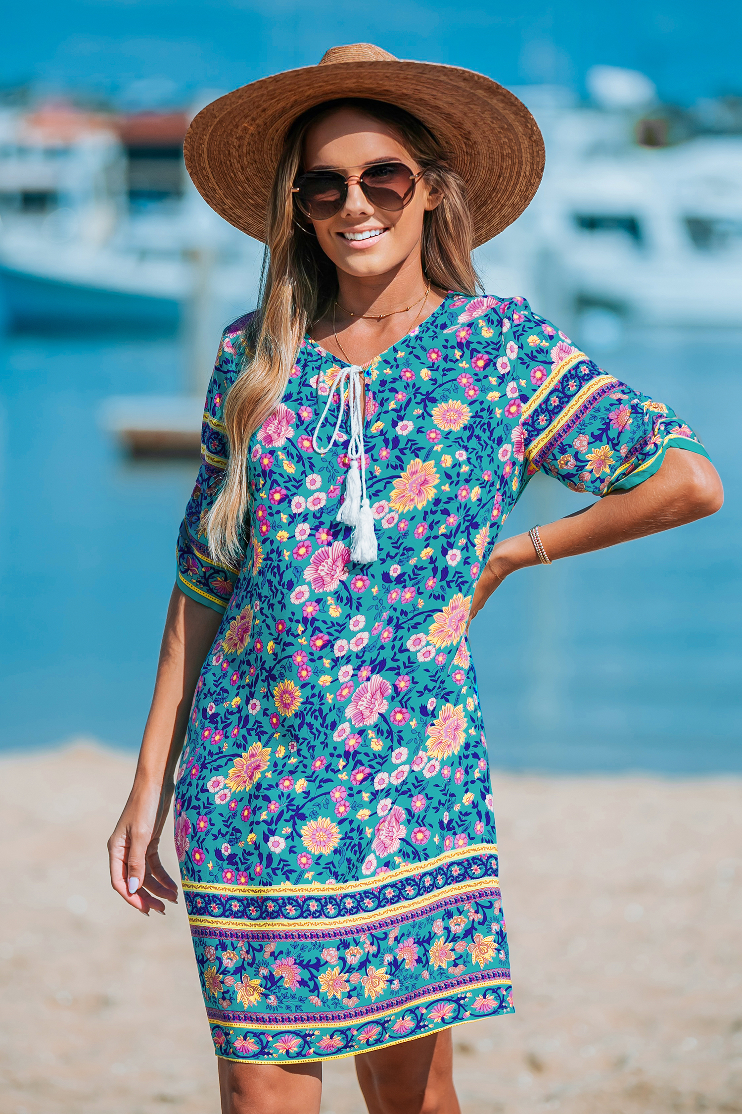 Floral Boho Split Neck Tassel Tie Mini Dress