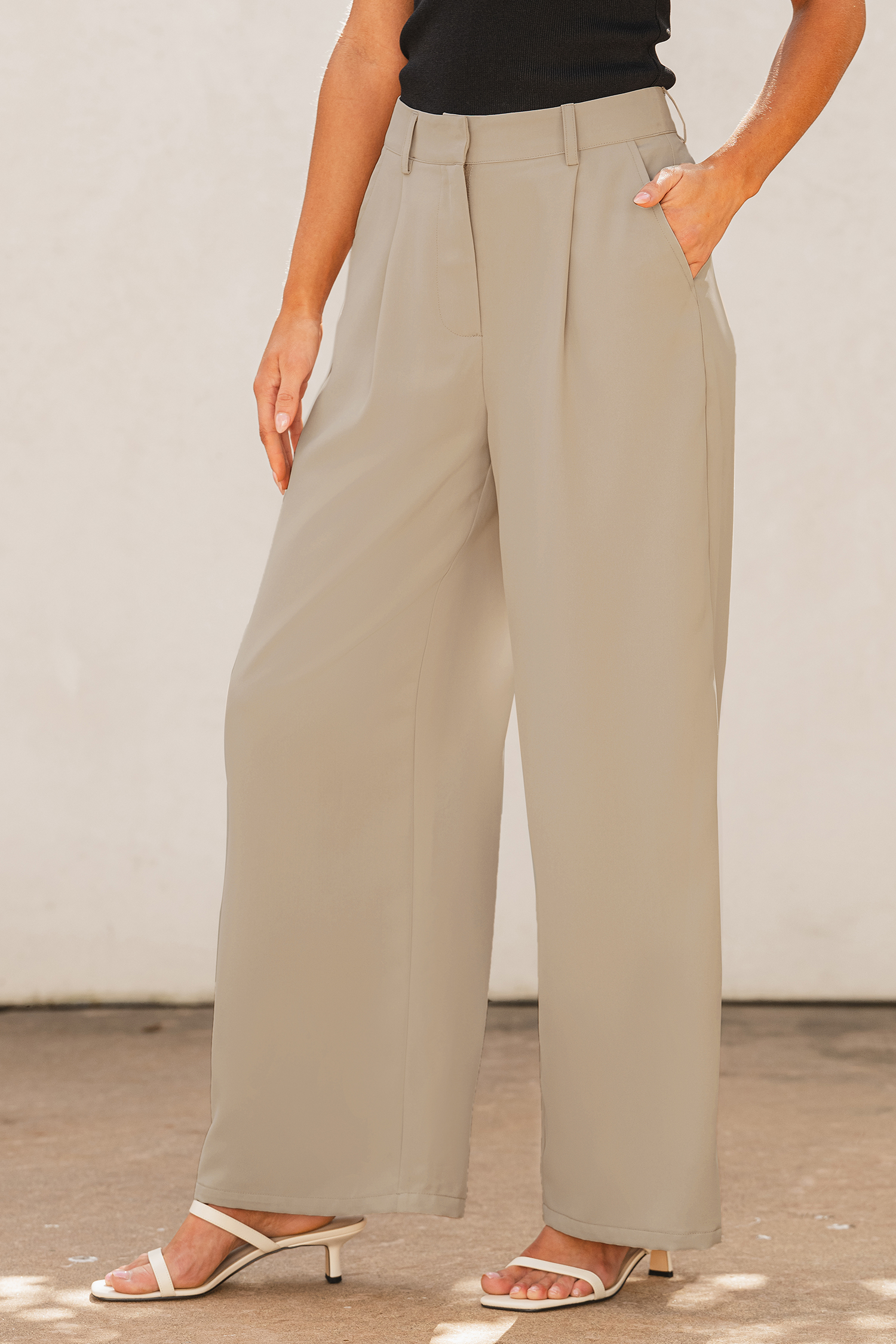 Beige Pleated Straight Leg Pants