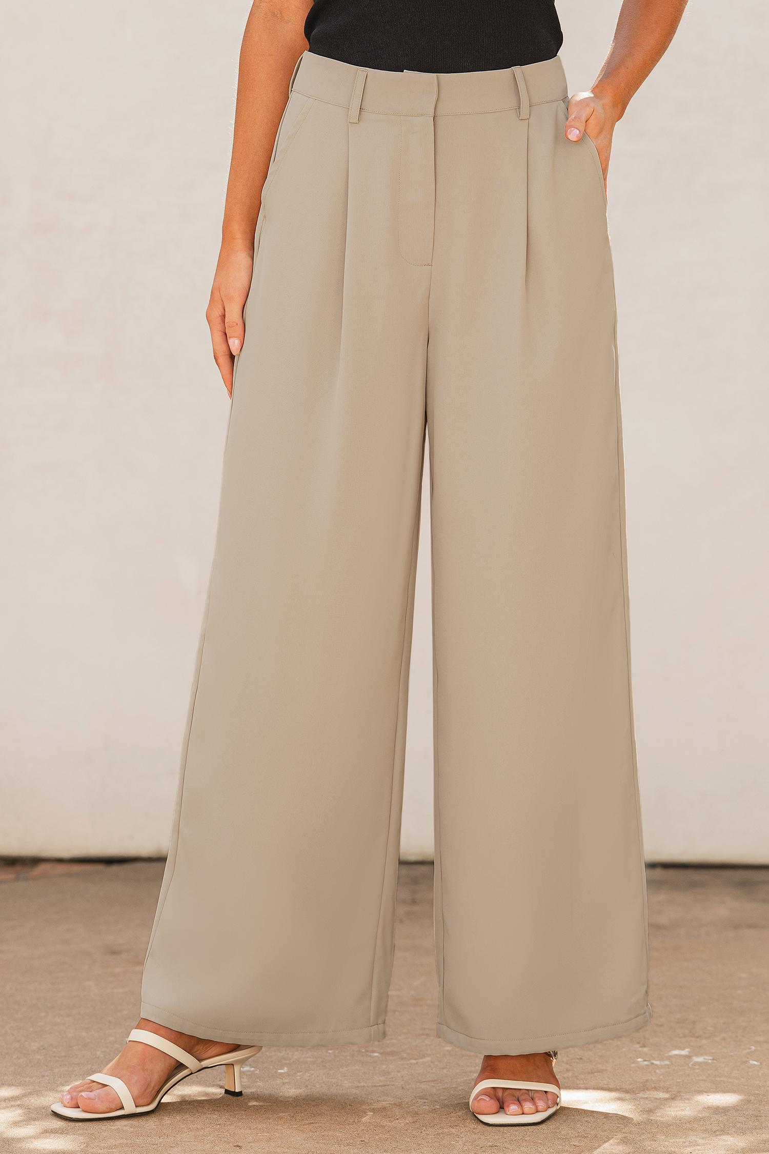 Beige Pleated Straight Leg Pants