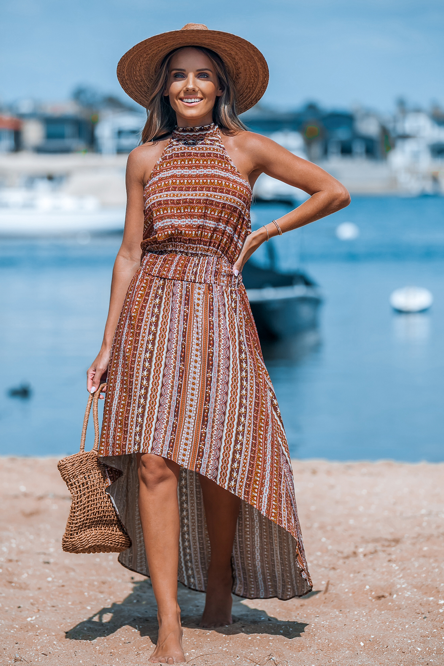 Boho Halter Asymmetrical Ruffle Dress