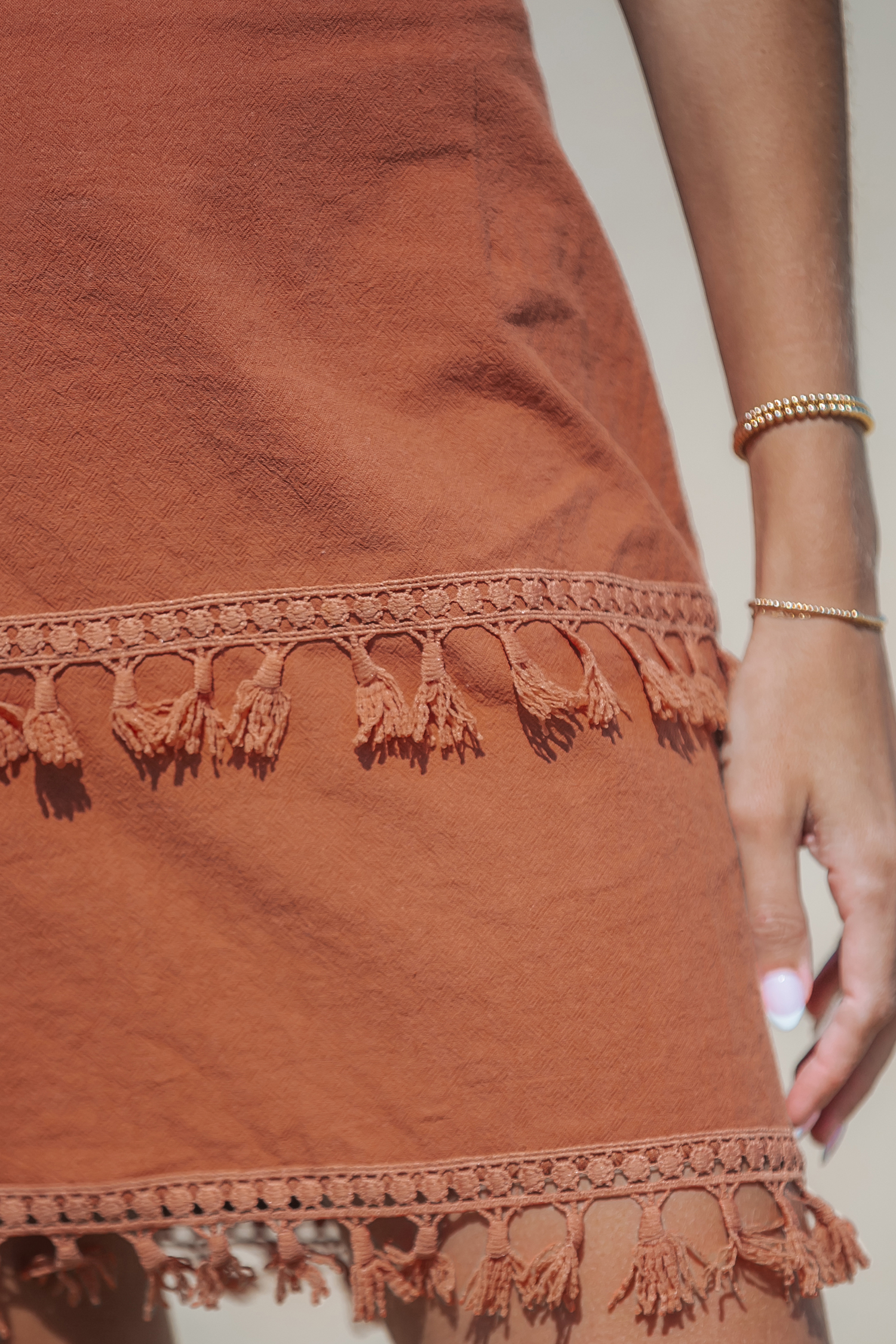 Burnt Orange Tassel Bodycon Mini Skirt