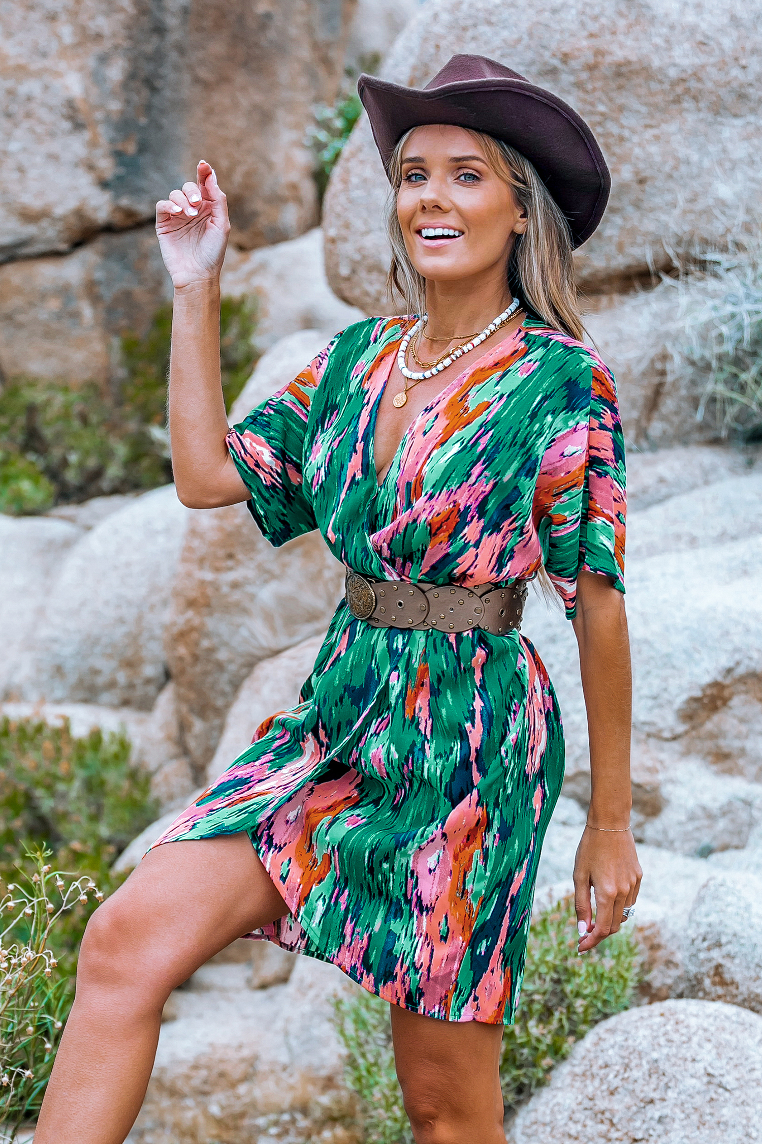 Abstract Surplice Dolman Sleeve Mini Dress