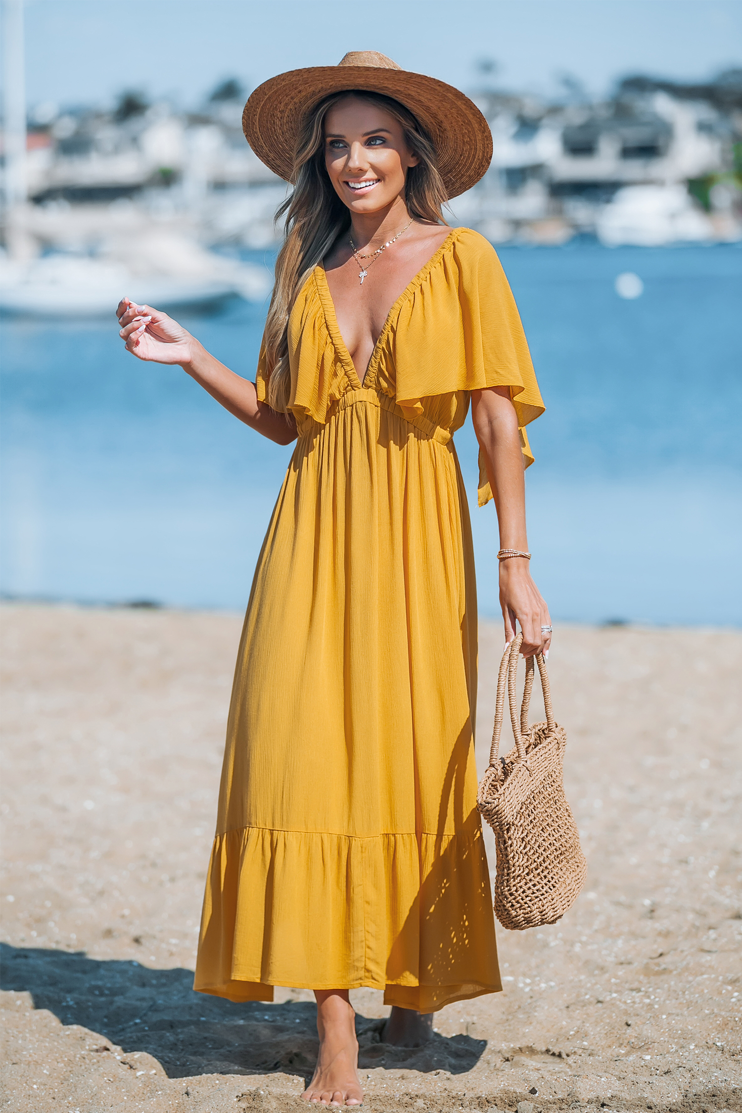 Sunflower Yellow Plunging Butterfly Sleeve Midi Dress