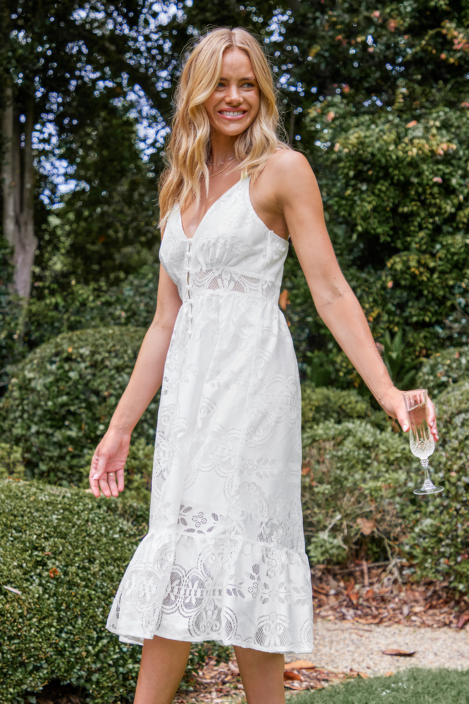 White Lace Front Button Flounce Slip Dress