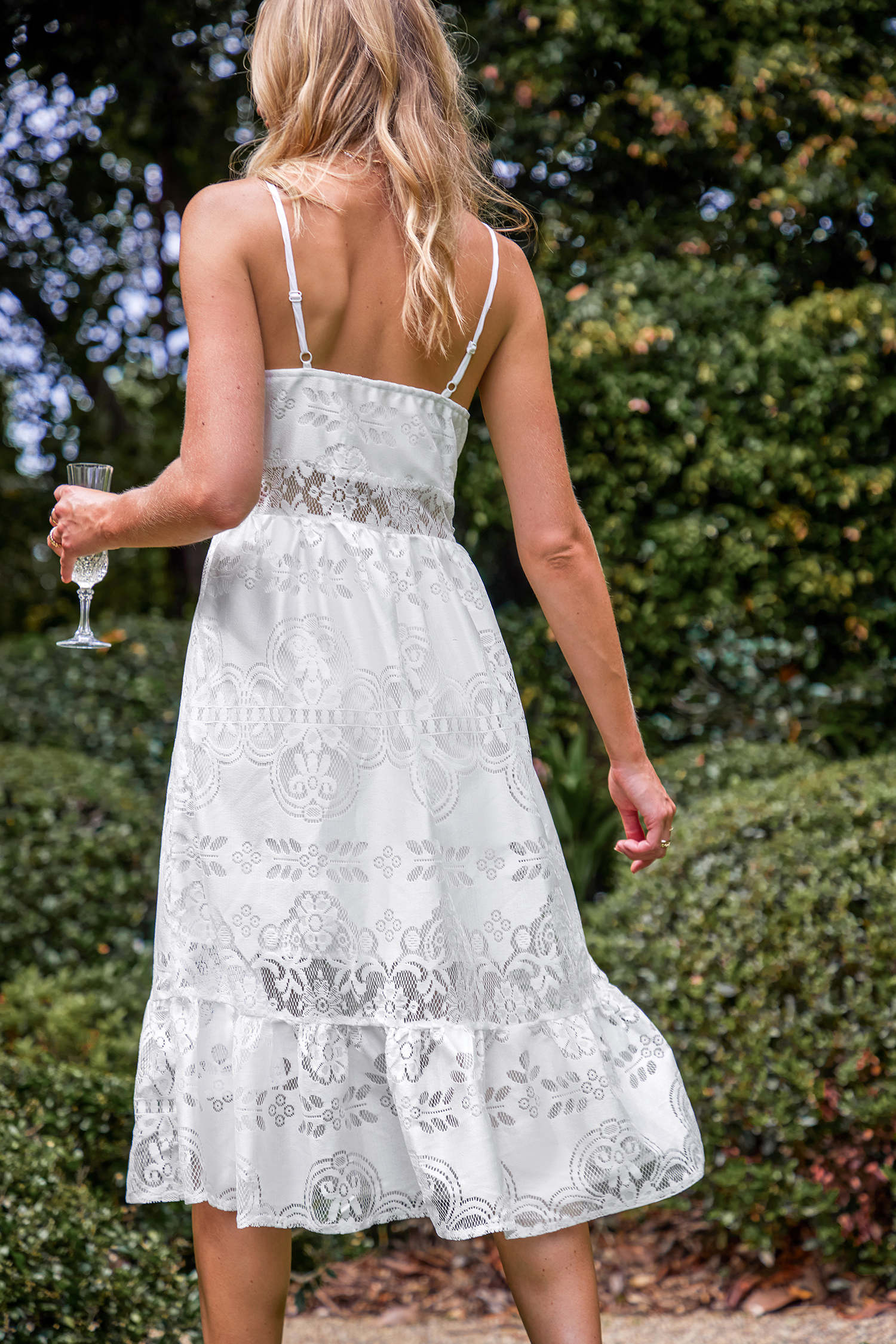 White Lace Front Button Flounce Slip Dress