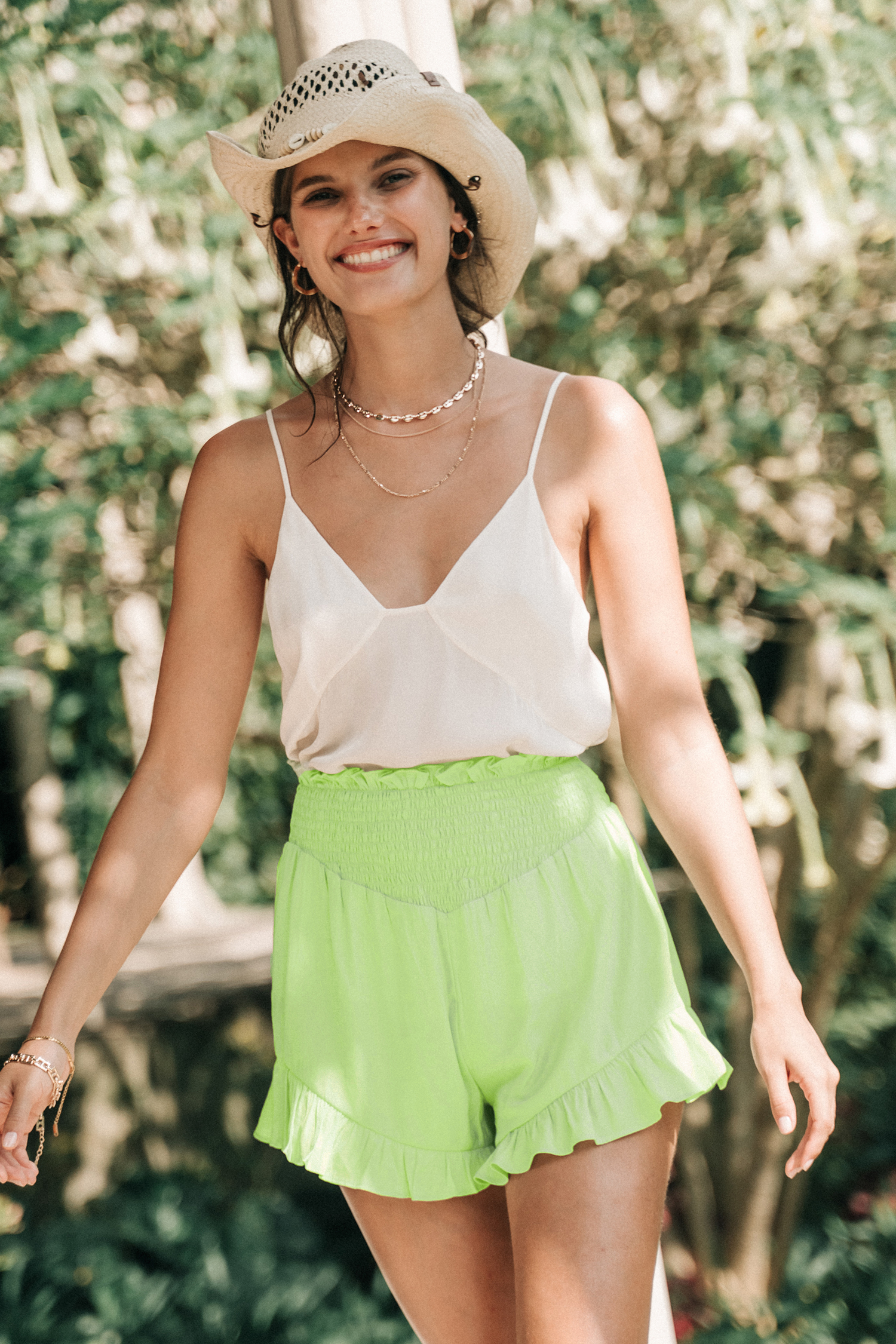 Green Smocked Waist Flared Leg Ruffle Shorts