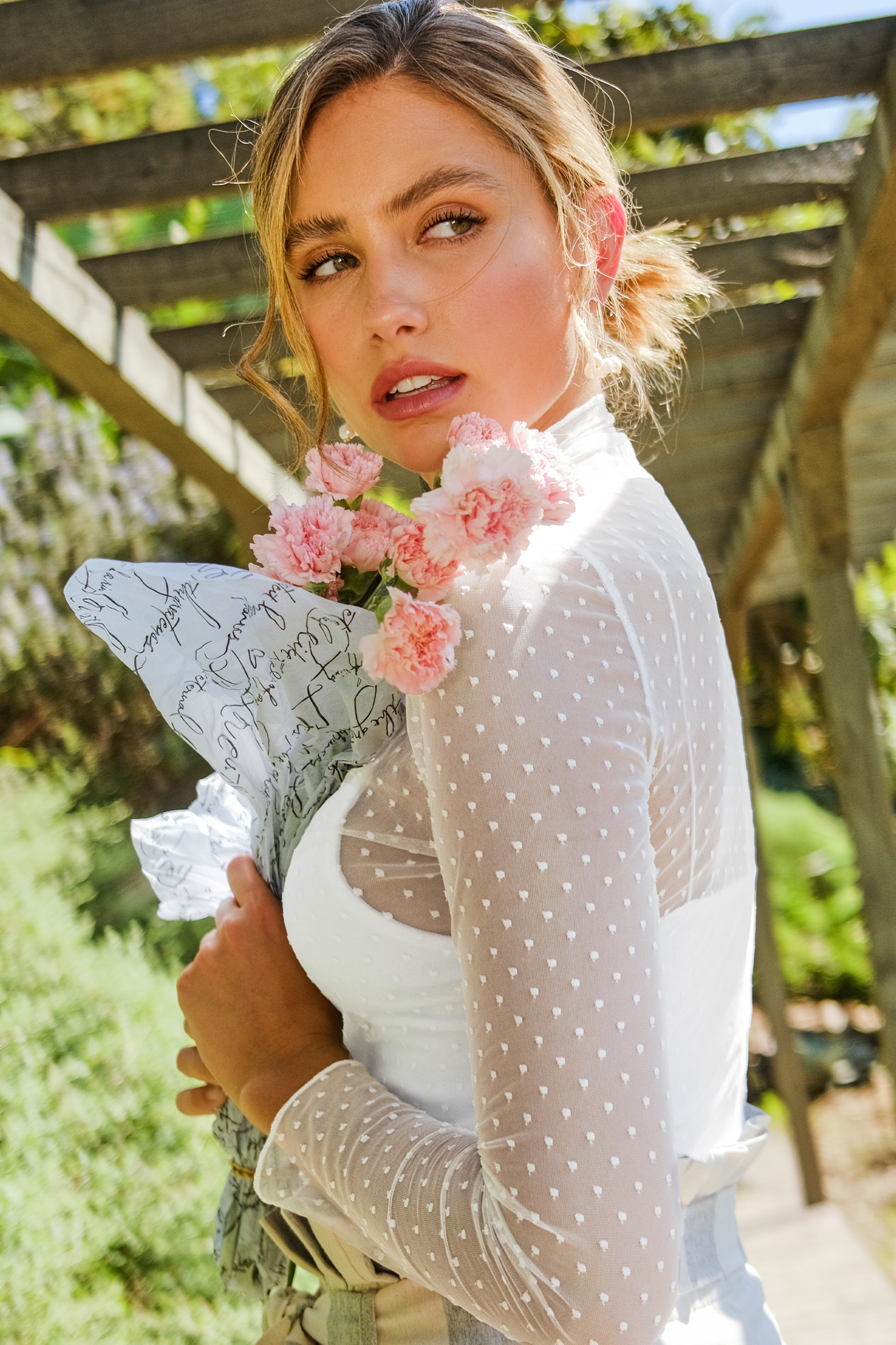 Sheer White Mockneck Long Sleeve Swiss Dot Top