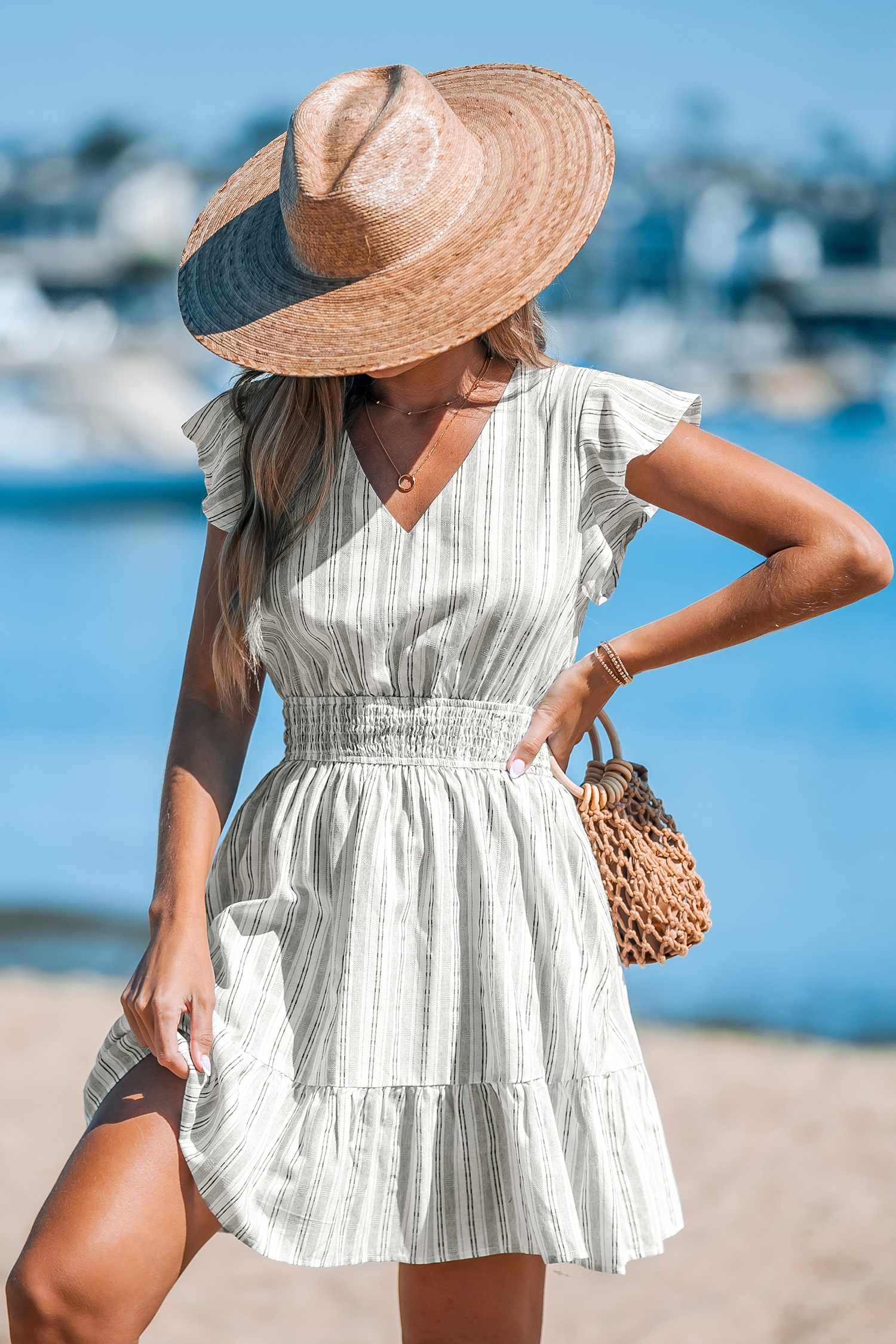 Striped V-Neck Ruffled Mini Dress