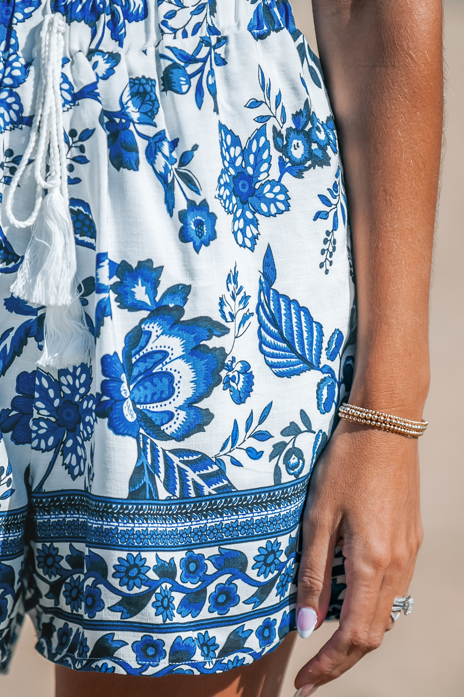 Blue & White Floral Tassel Tie Straight Leg Shorts