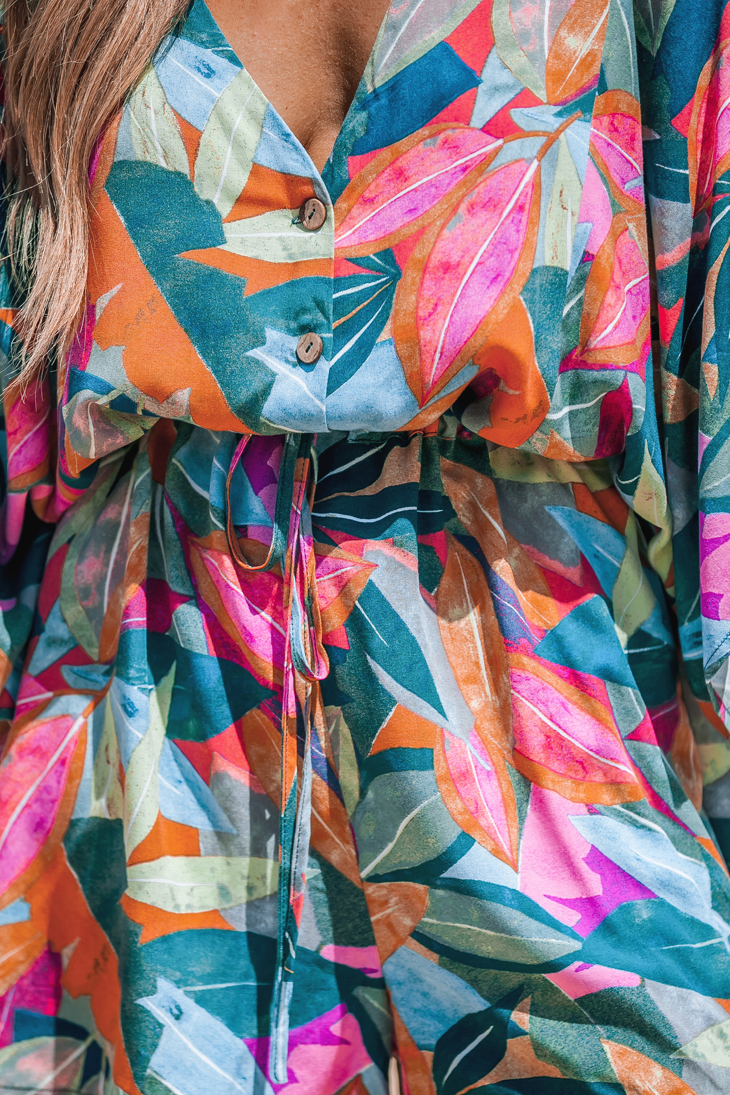 Colorful Leaf Print Drawstring Romper