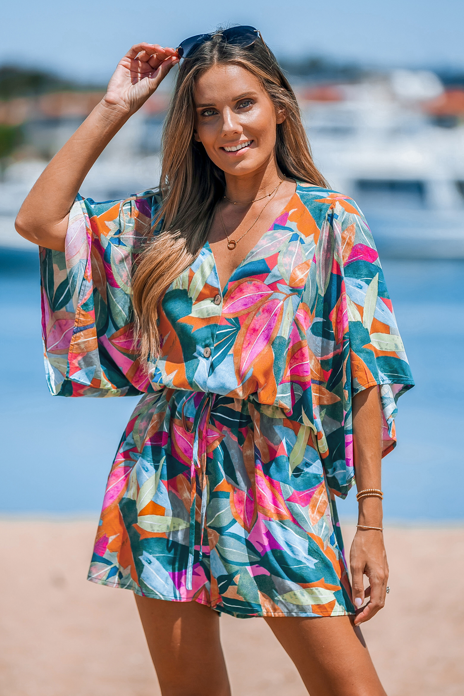 Colorful Leaf Print Drawstring Romper