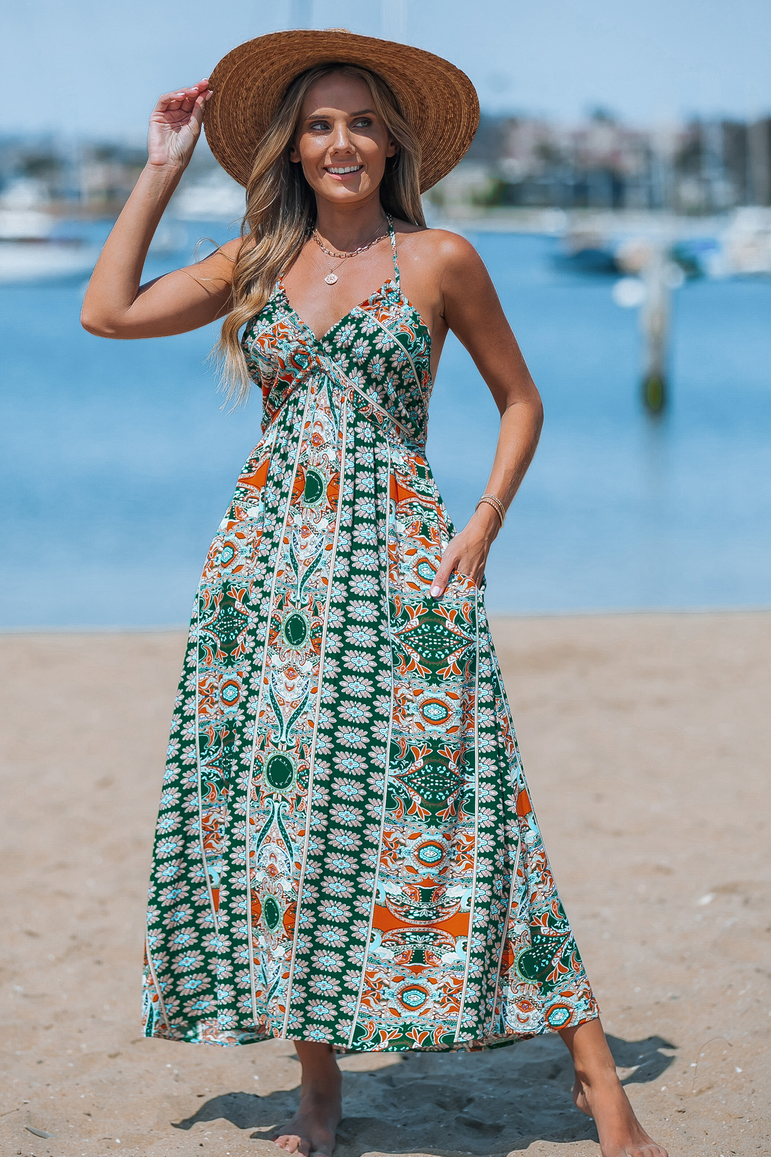 Green Floral Paisley Print Maxi Dress