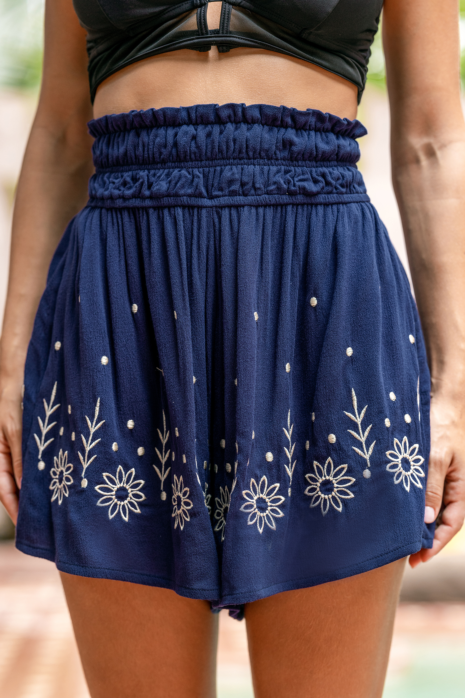 Floral Embroidery Smocked Shorts