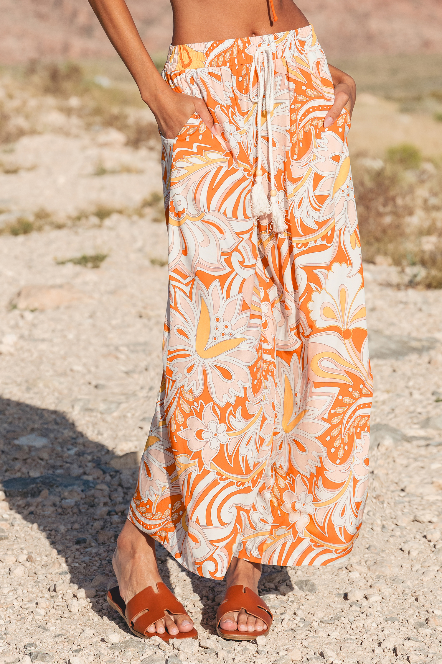 Orange Paisley Elastic Waist Wide Leg Pants
