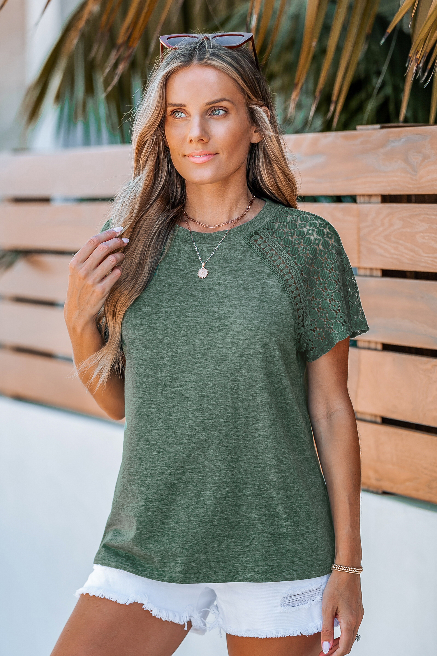 T-shirt avec manches courtes en dentelle vert