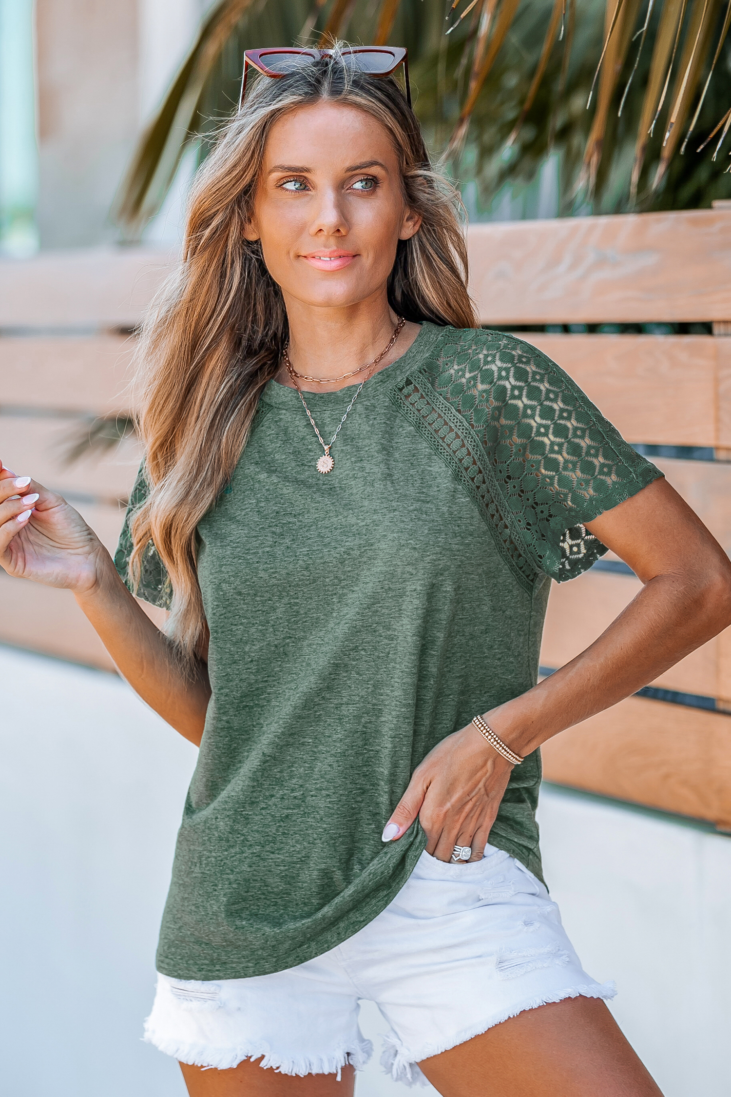 T-shirt avec manches courtes en dentelle vert
