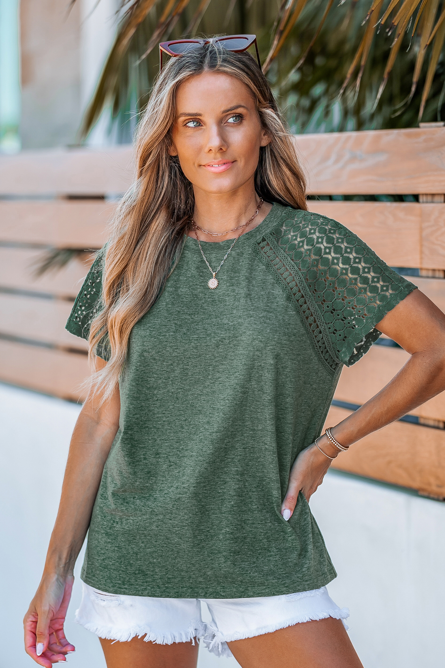 T-shirt avec manches courtes en dentelle vert