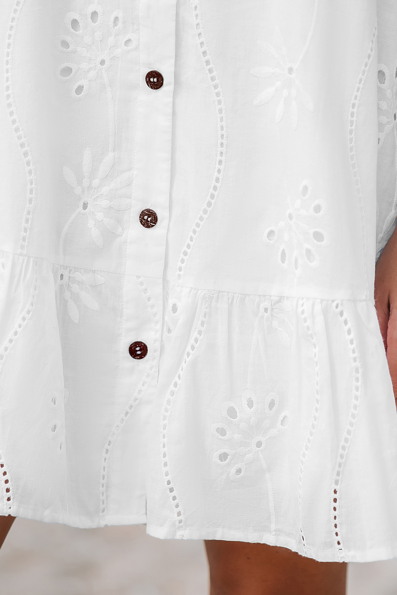 White Eyelet Linen Sleeveless Front Button Mini Dress