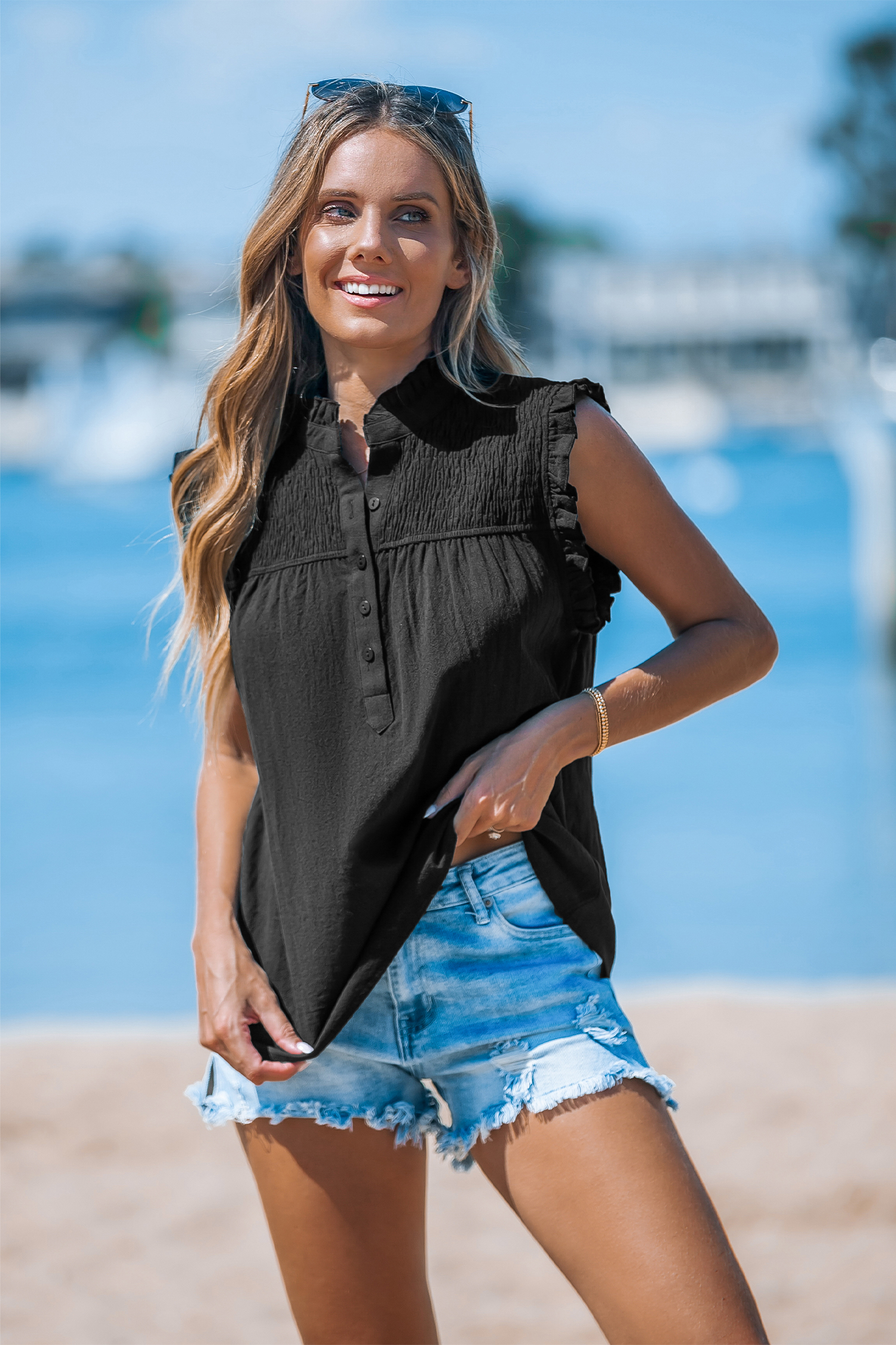 Black Ruffled Standing Collar Linen Tank