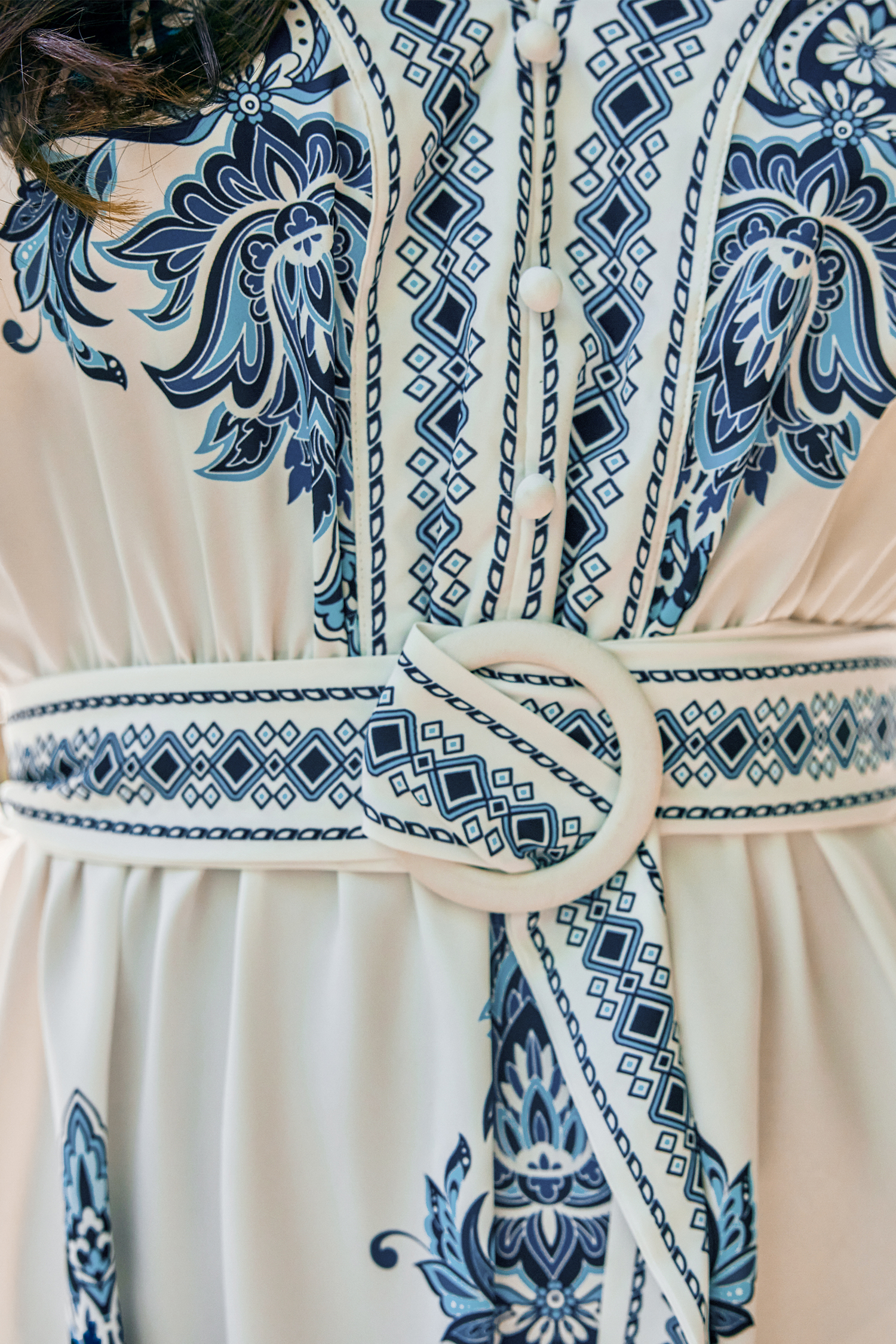 Blue & White Ornate Blouson Sleeve Mini Dress
