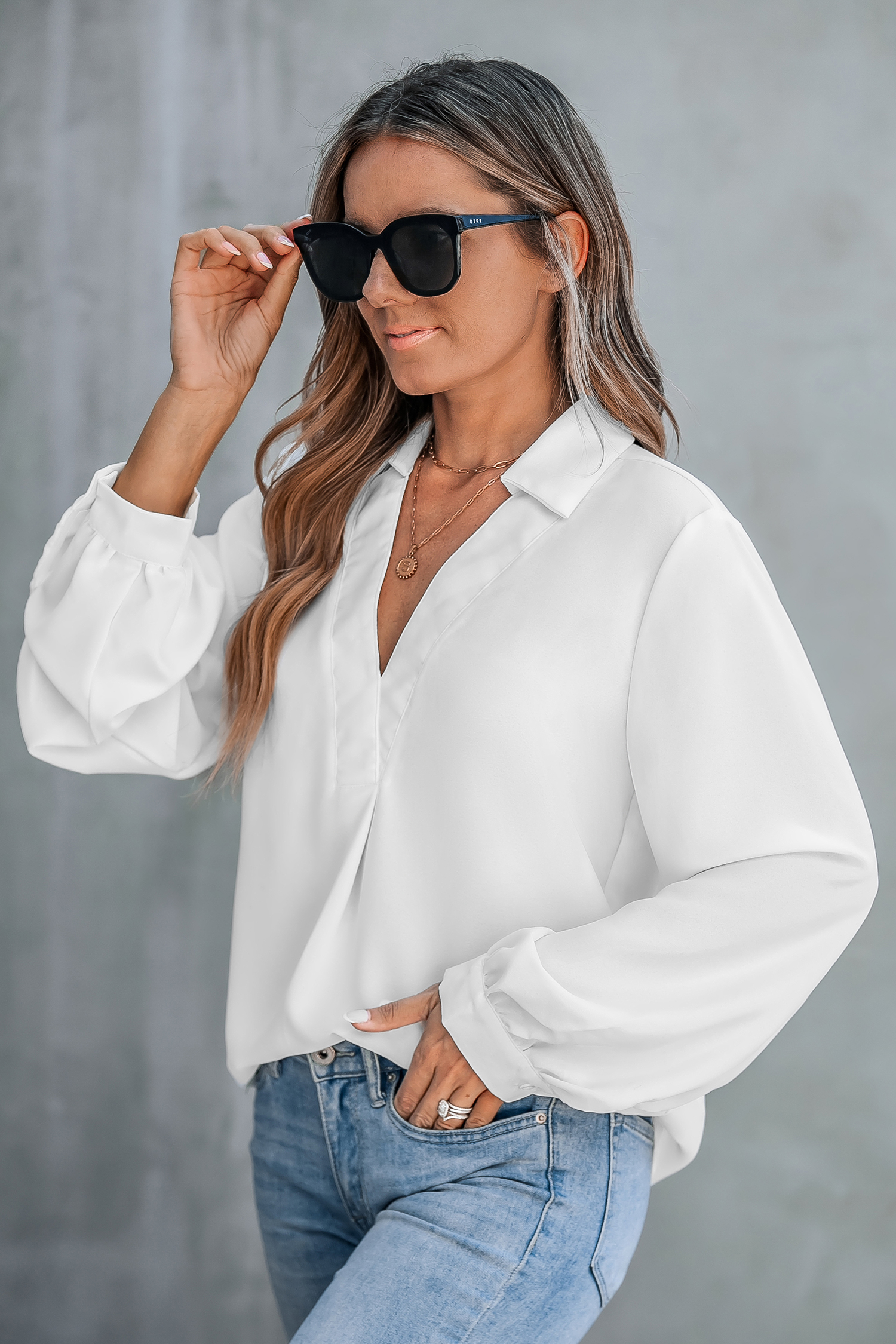 White Collared V-Neck Long Sleeve Top