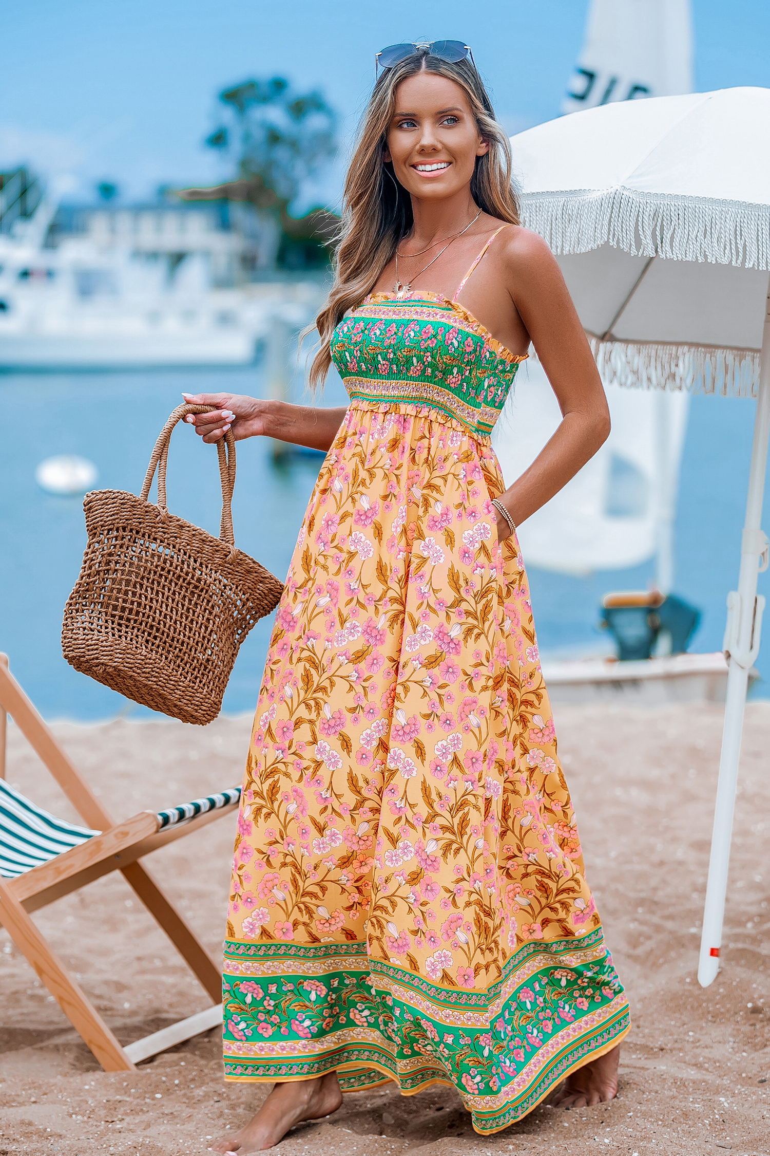 Boho Square Neck Smocked Bodice Sleeveless Maxi Dress