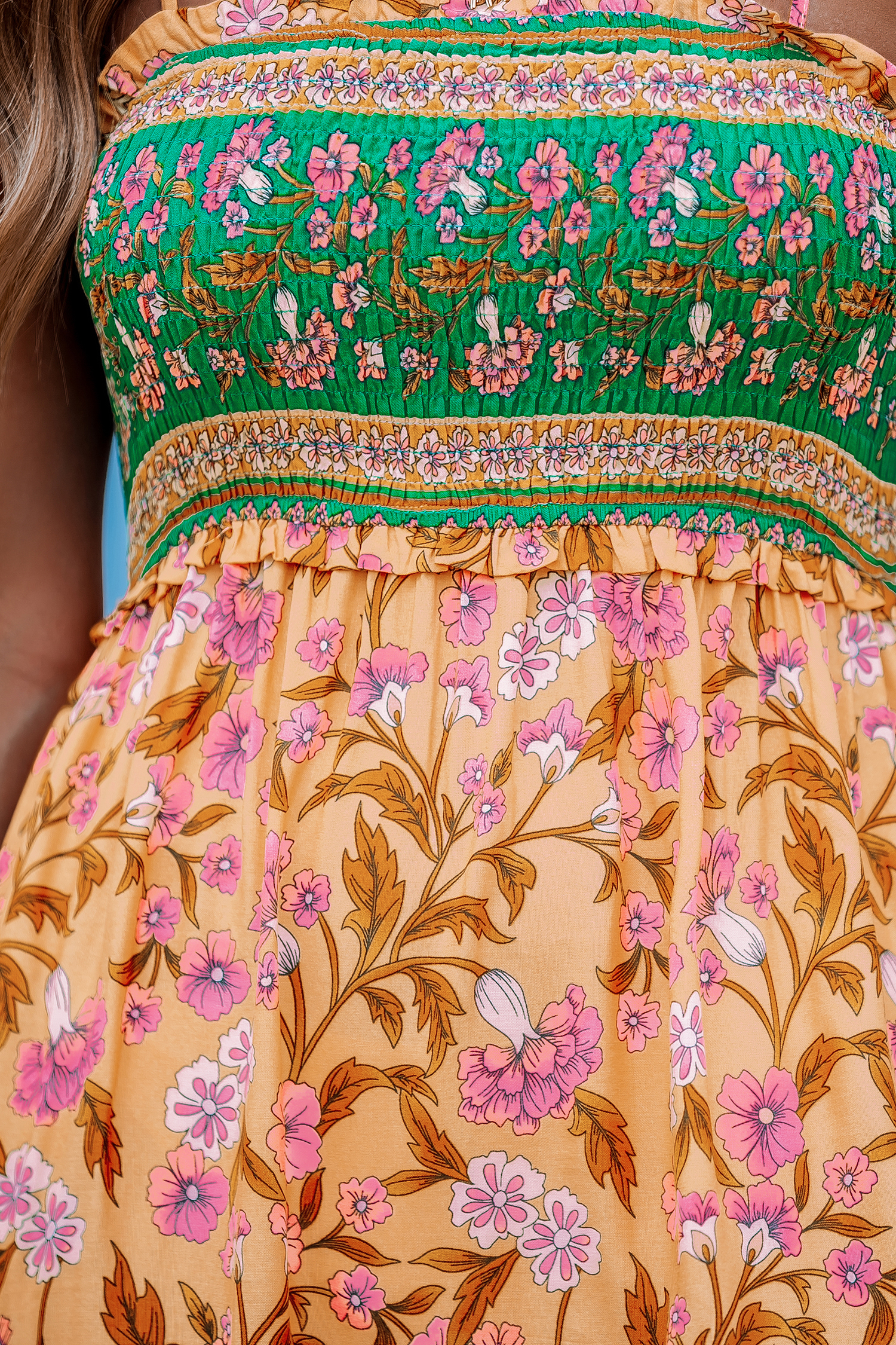 Boho Square Neck Smocked Bodice Sleeveless Maxi Dress