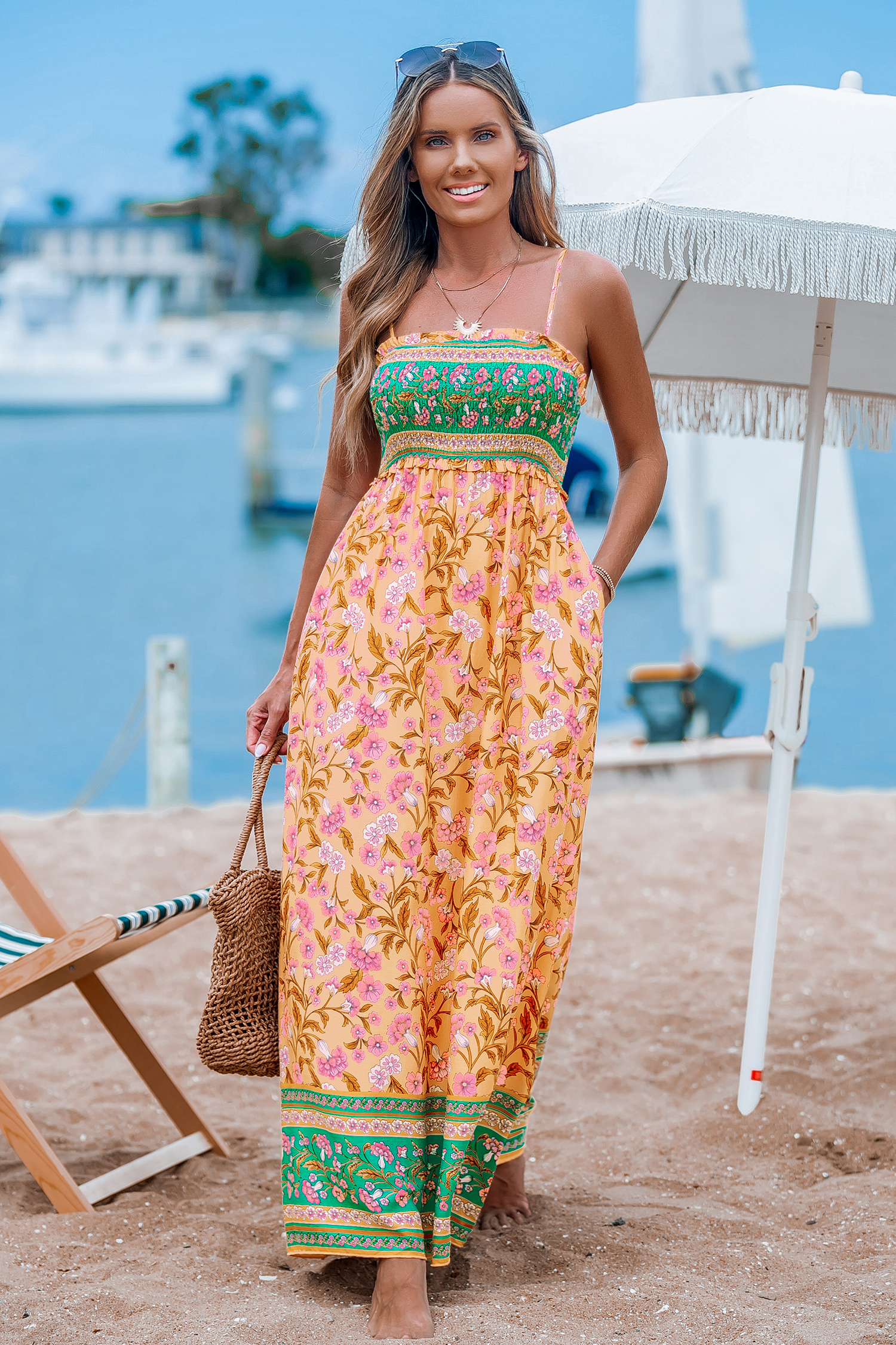 Boho Square Neck Smocked Bodice Sleeveless Maxi Dress