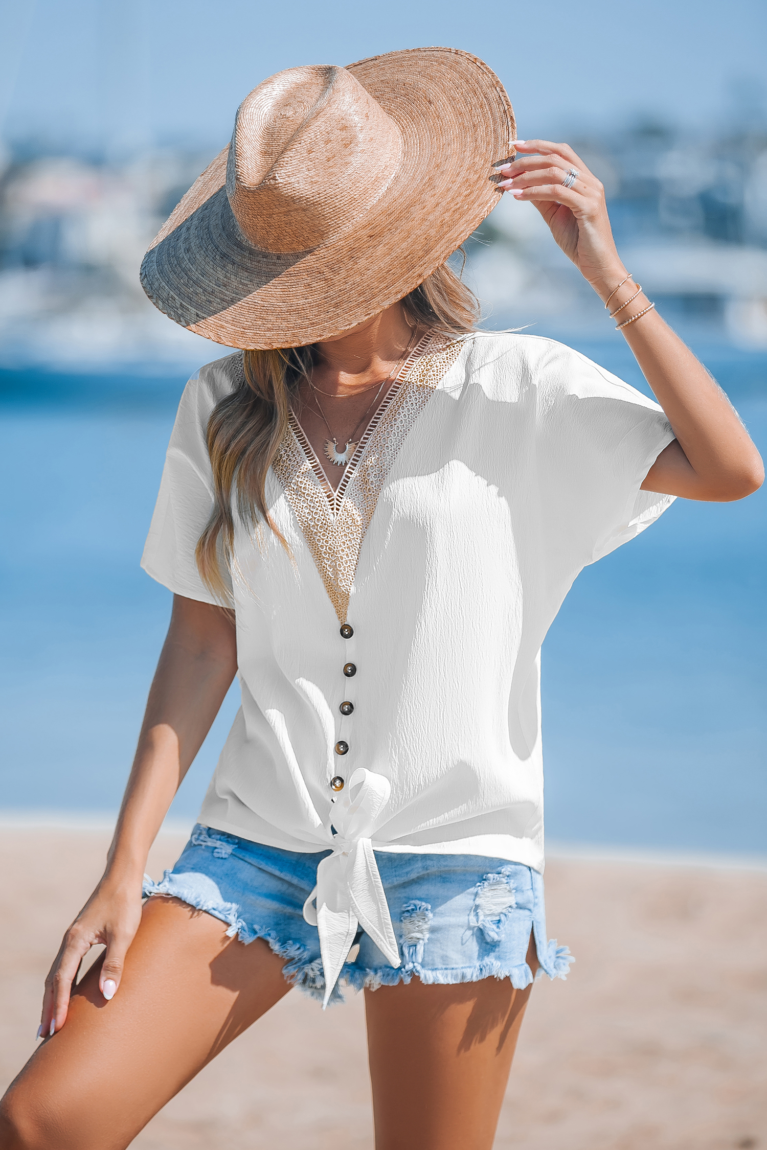 White Short Sleeve Tie-Waist Top