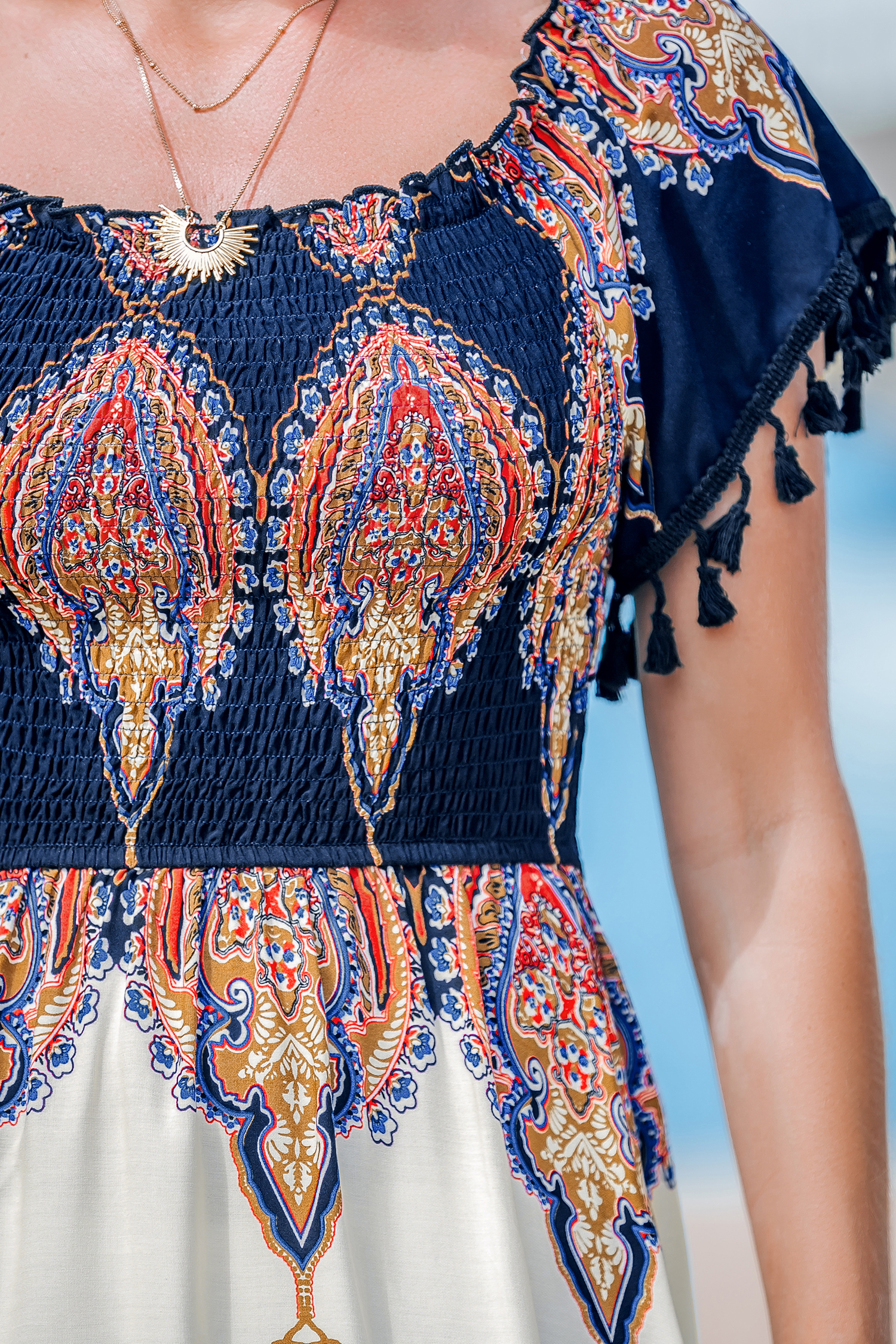 Boho Off-Shoulder Tassel Maxi Dress