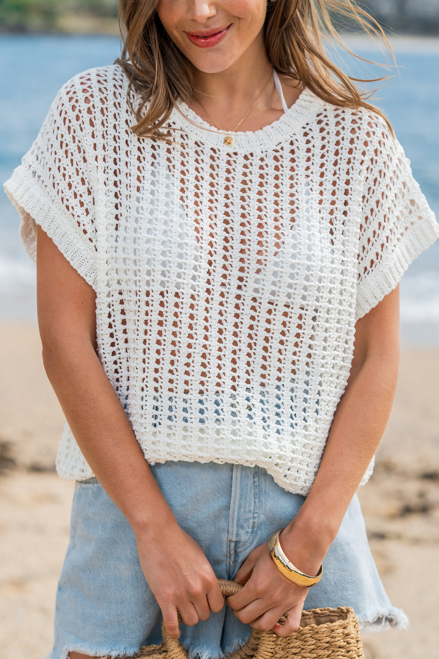 White Open Knit Short Sleeve Cover-Up Top
