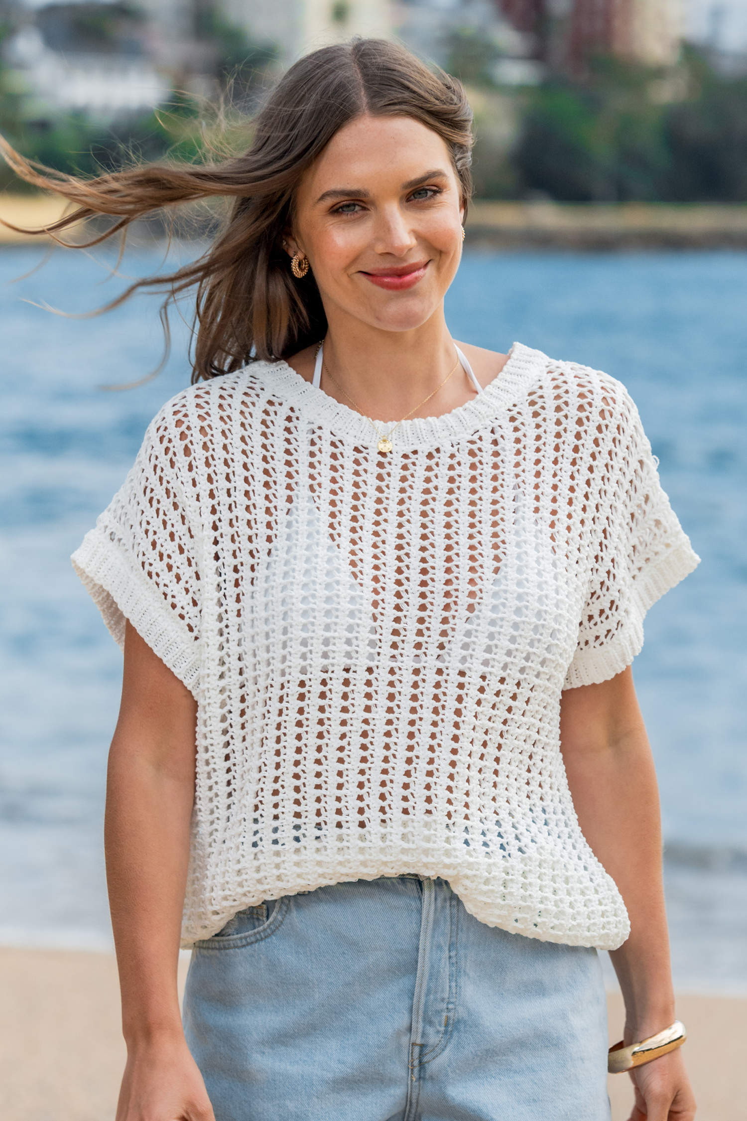 White Open Knit Short Sleeve Cover-Up Top