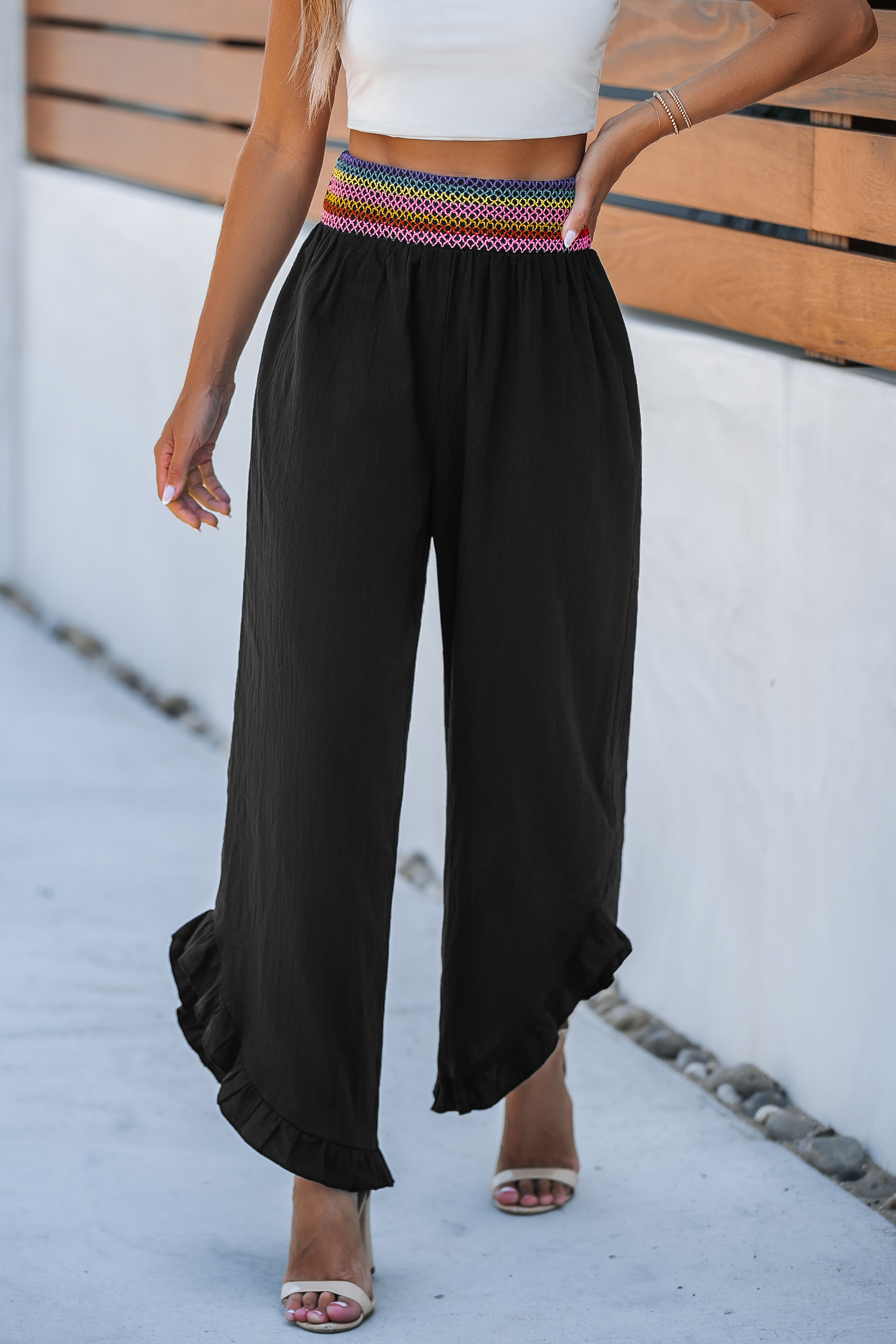 Zwarte regenboog taille asymmetrische ruche broek