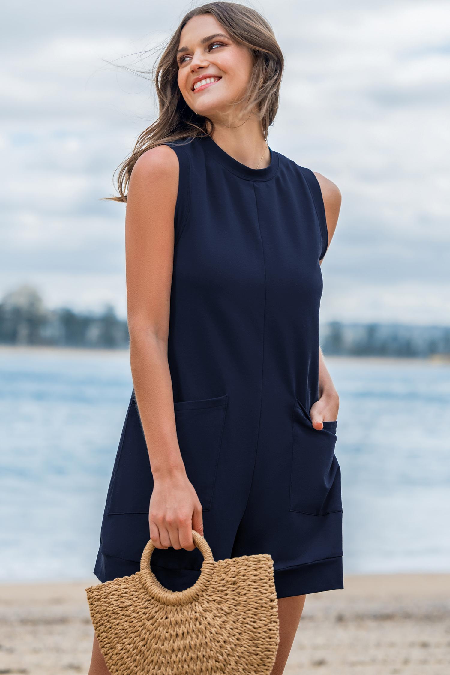 Blue Sleeveless Wide Leg Romper