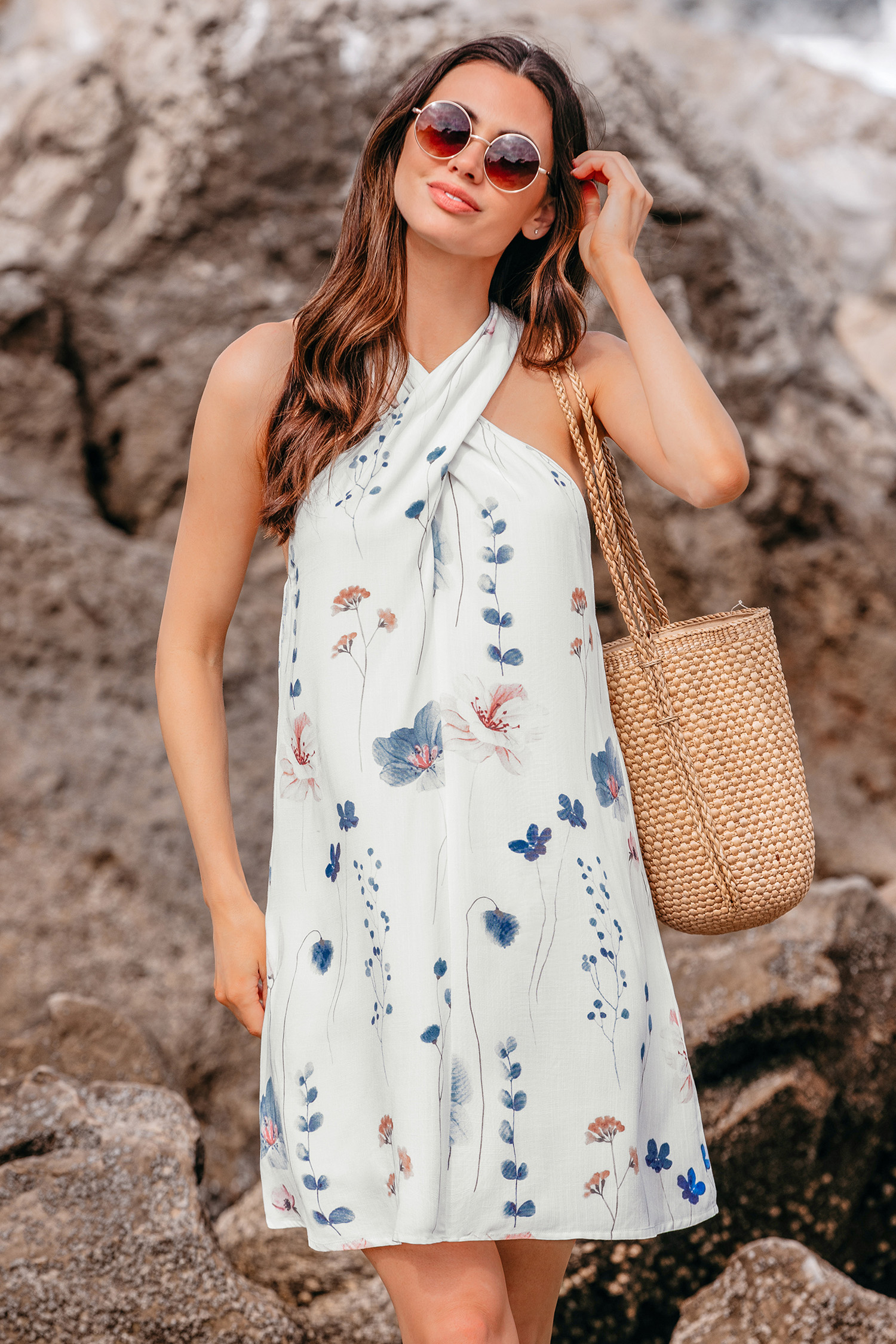 Romantic Floral Crossover Halterneck Mini Dress