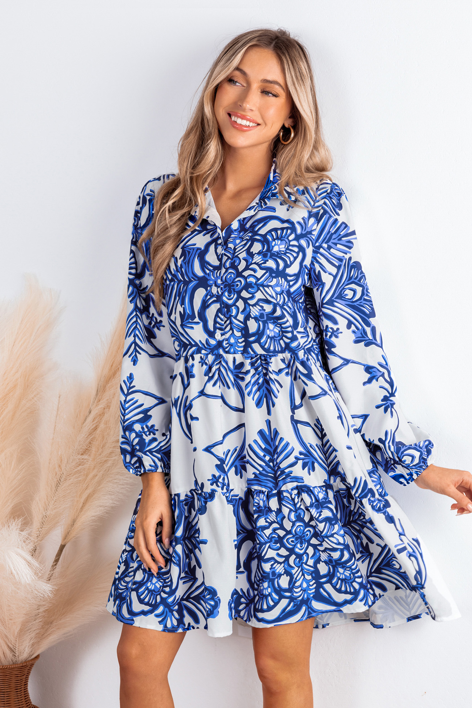 Blue & White Abstract Collared Blouson Sleeve Mini Dress