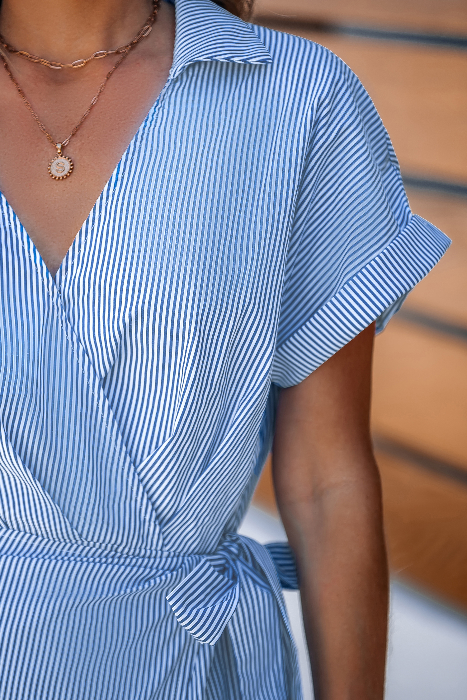 Blue Pin Stripe Collared Wrap Midi Dress