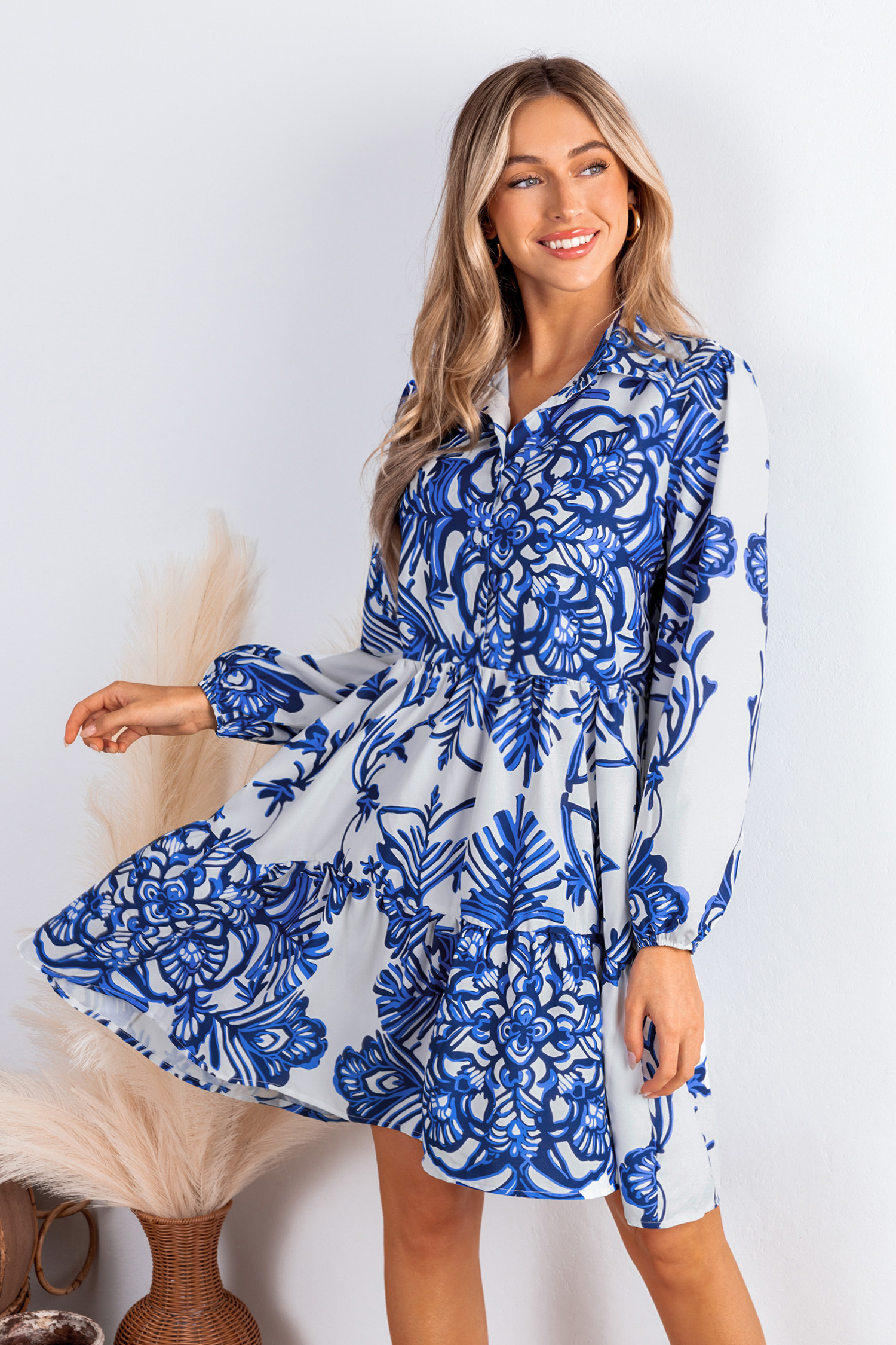 Blue & White Abstract Collared Blouson Sleeve Mini Dress