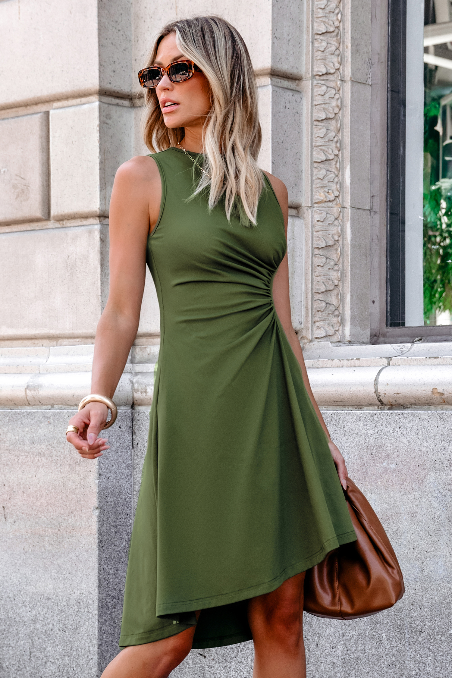 Green Sleeveless Asymmetrical Shirred Midi Dress