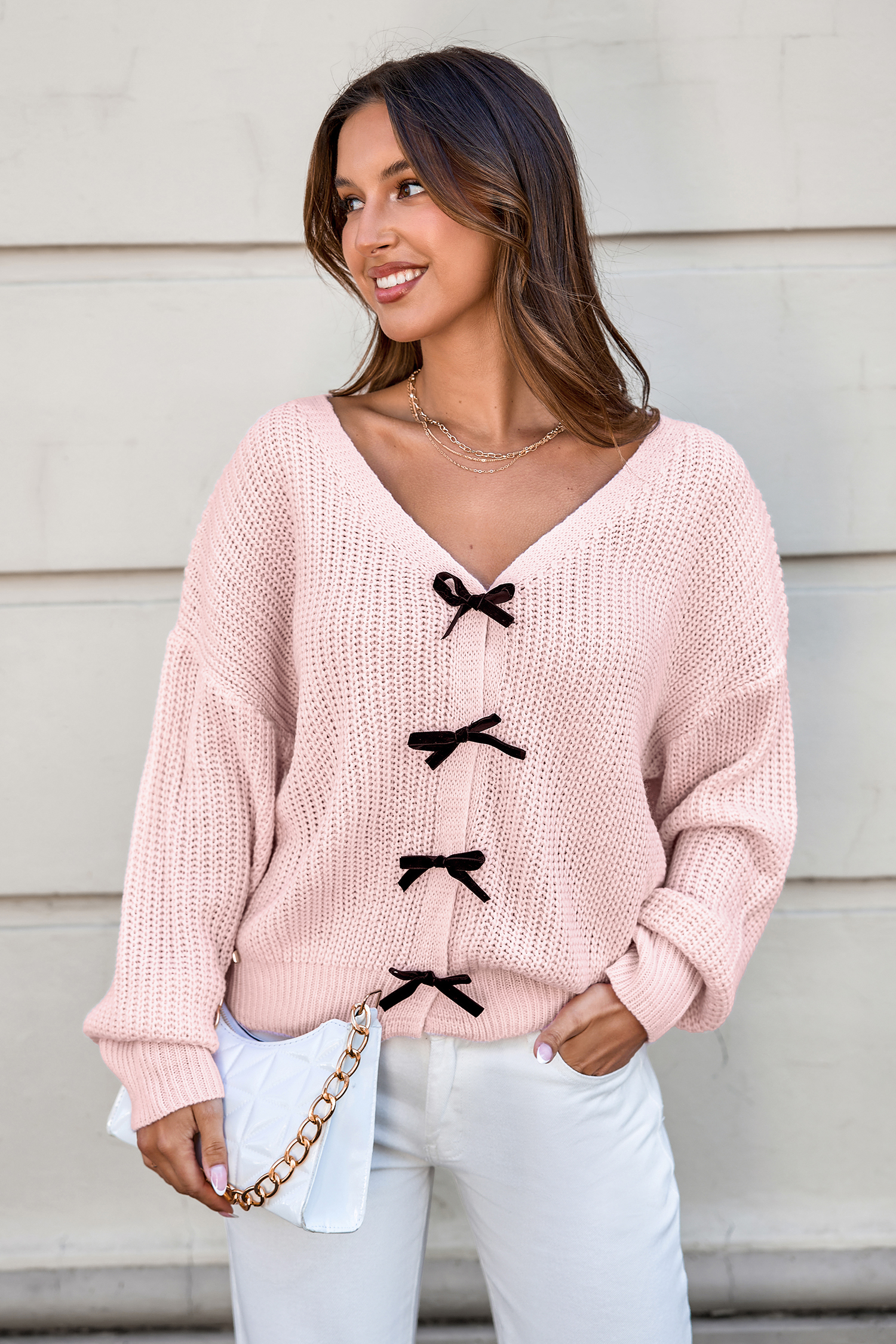 Cupshe Pink Knit Long Sleeve Bow Sweater In Pink