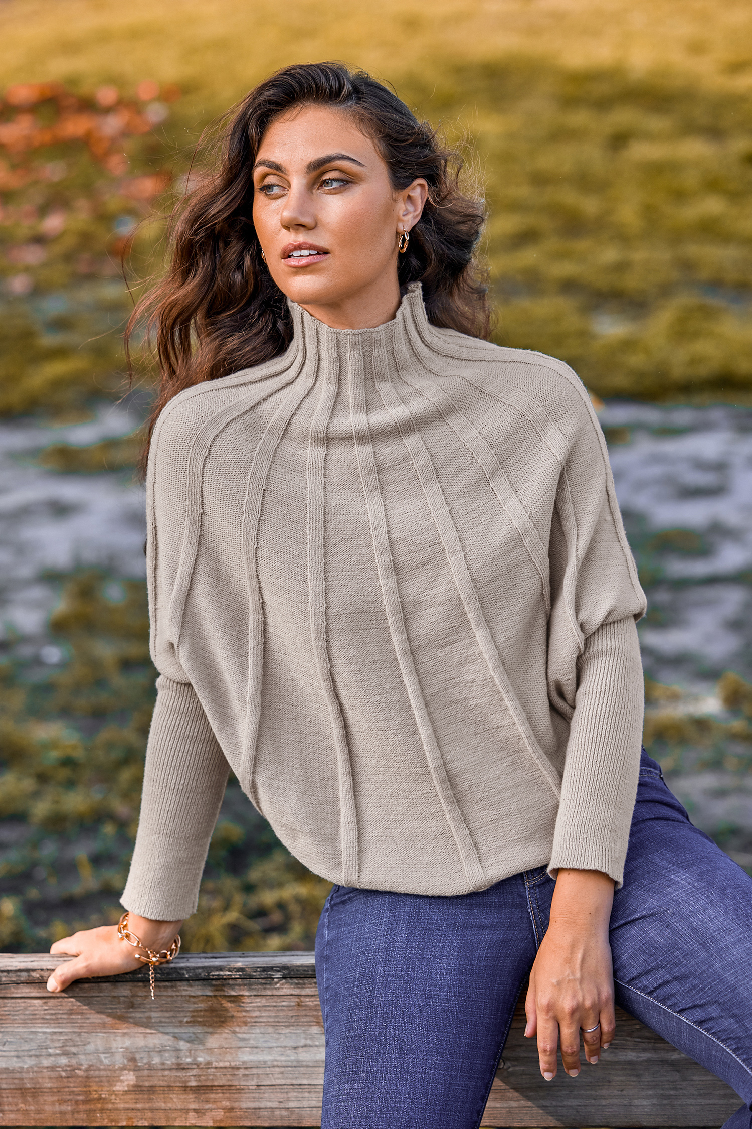 Khaki Ribbed Turtleneck Gigot Sweater