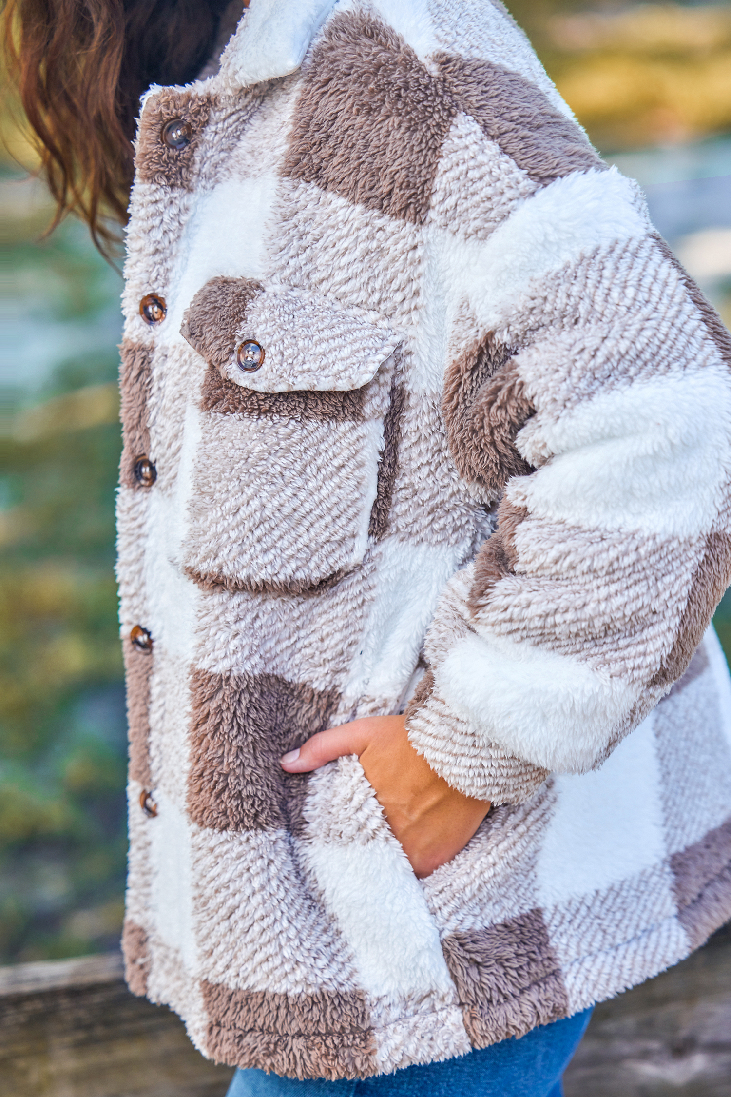 Checkered Sherpa Collared Front Button Jacket
