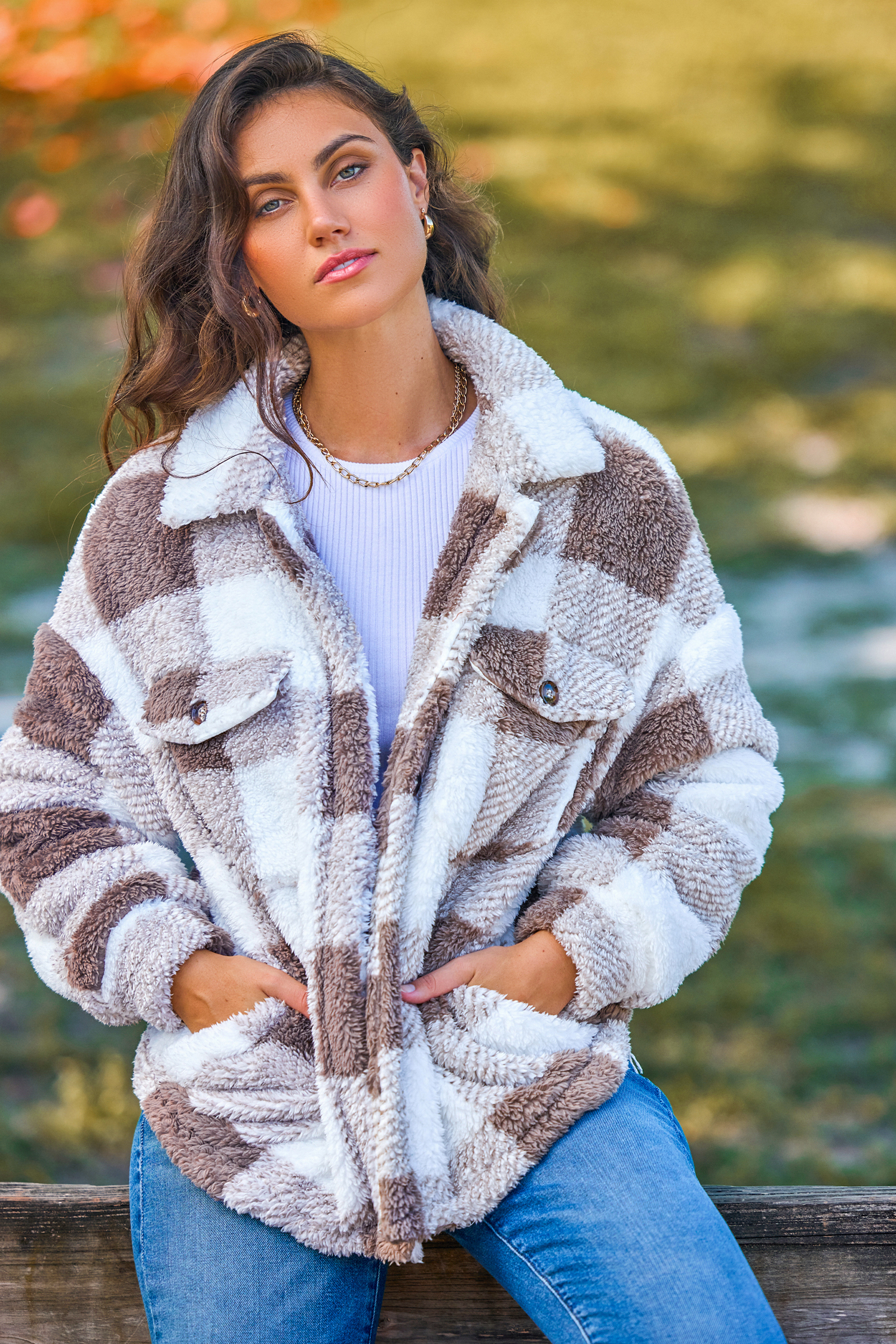 Checkered Sherpa Collared Front Button Jacket